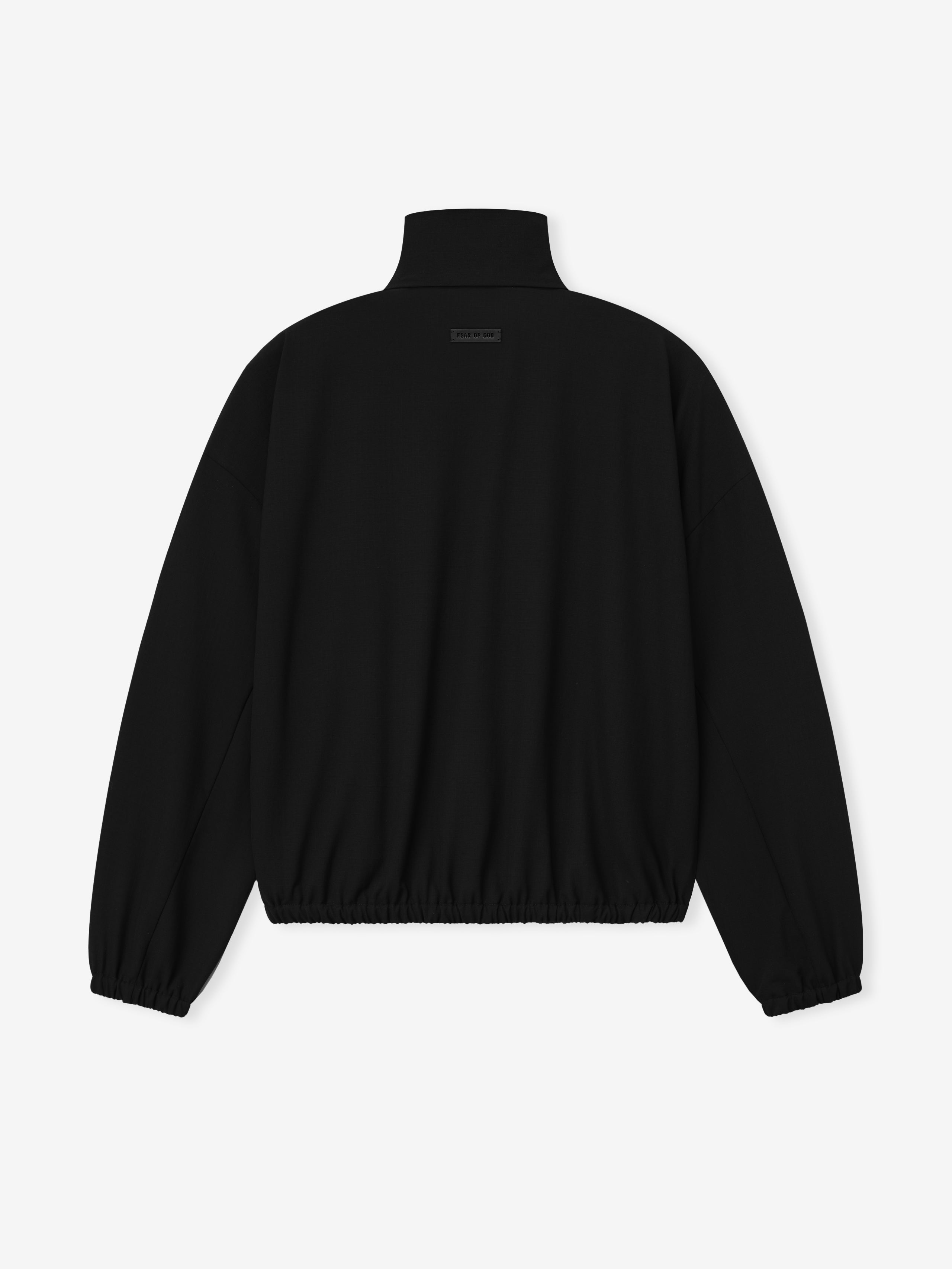 back view of black lightweight ripstop virgin wool half zip track jacket with elasticated cuffs and hem