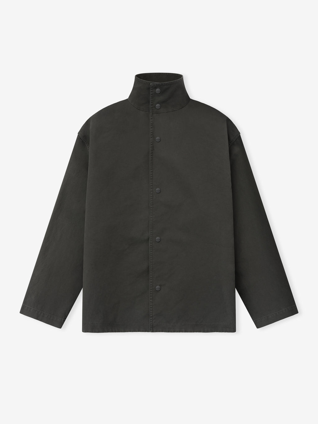 front view of black garment dyed cotton sport jacket with stand collar and snap button closure