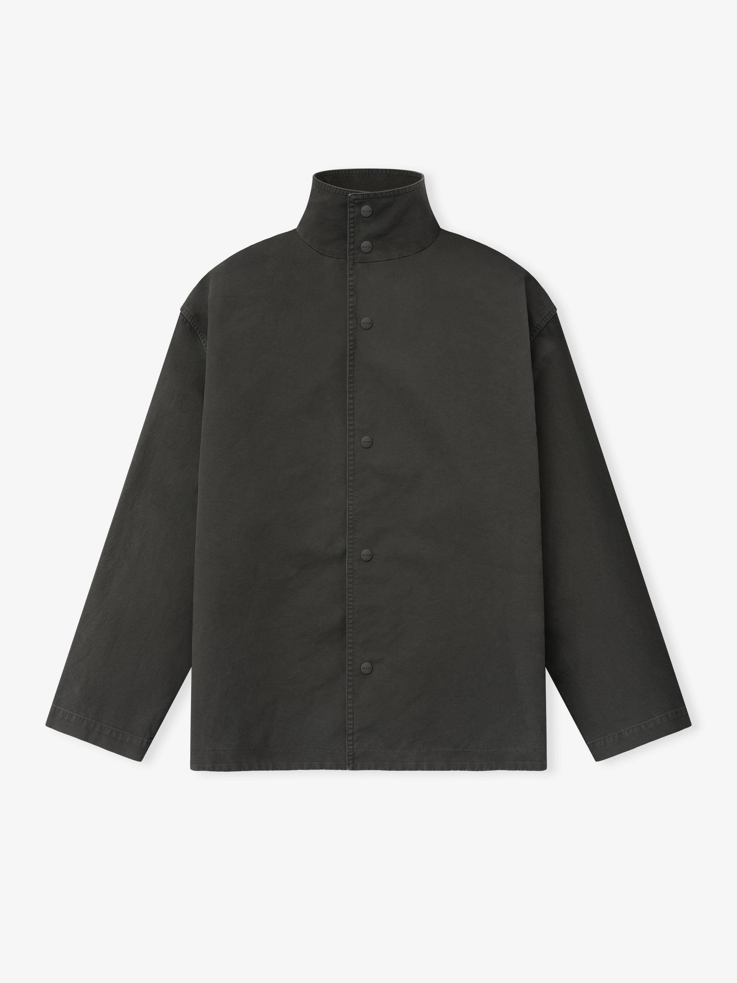 front view of black garment dyed cotton sport jacket with stand collar and snap button closure