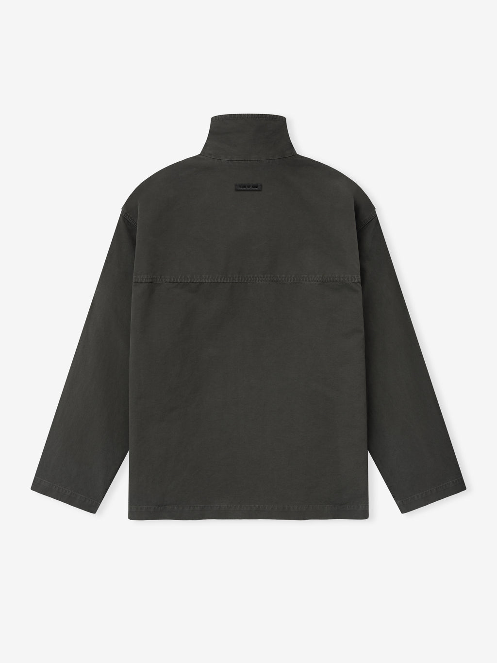 back view of dark garment dyed cotton sport jacket with large stand-up collar and low back yoke detail