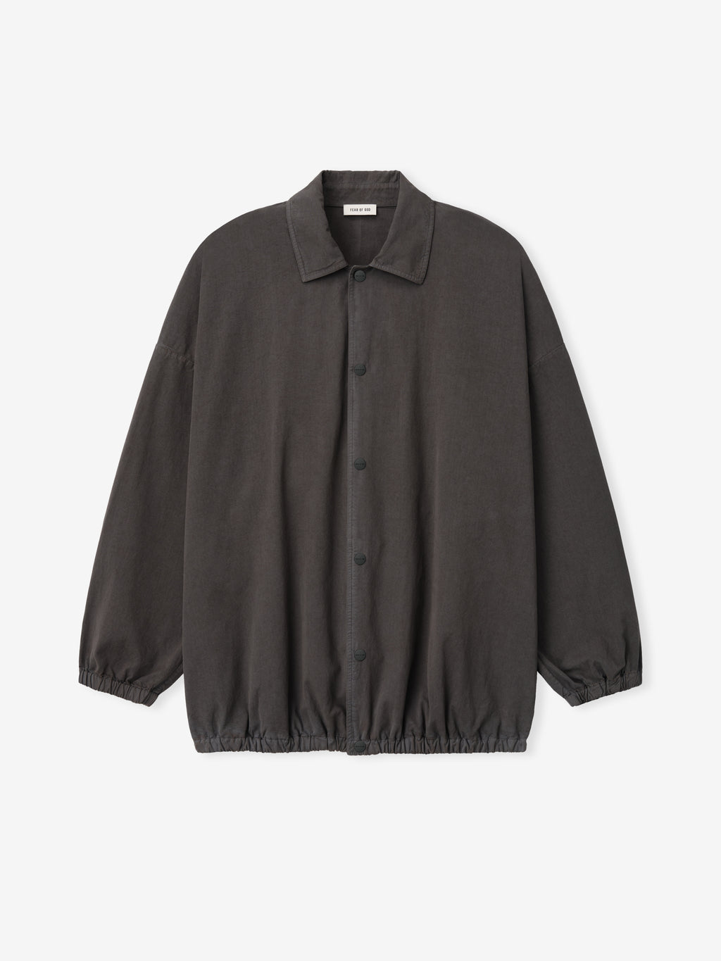 Dark gray button-up jacket with elastic cuffs and hem, spread collar, and smooth fabric texture on white background