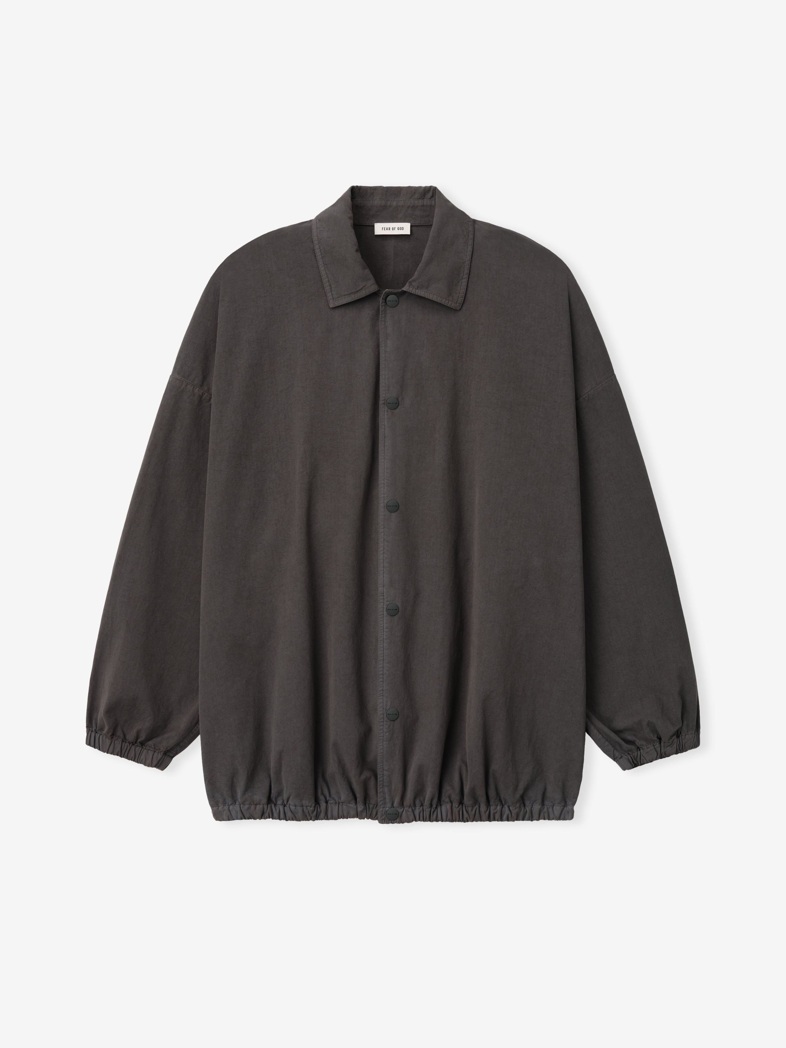 Dark gray button-up jacket with elastic cuffs and hem, spread collar, and smooth fabric texture on white background