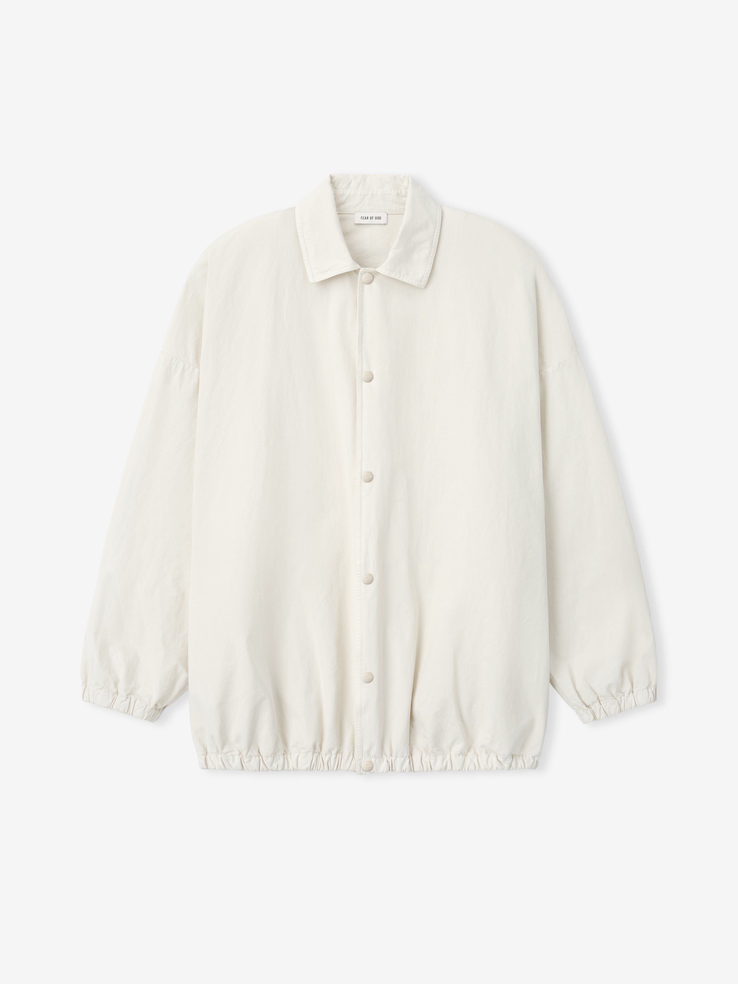 Off-white button-up jacket with spread collar, elastic cuffs, and gathered hem on a white background