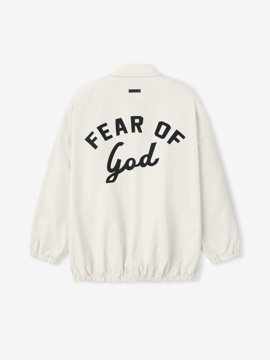 Off-white jacket with elastic hem and cuffs, spread collar, and bold "FEAR OF God" text printed on the back