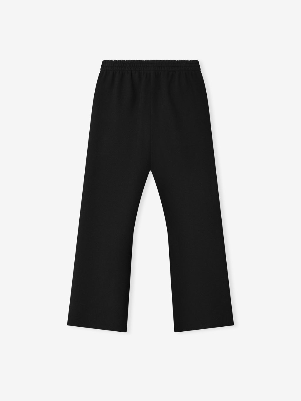 black double face wool cashmere flared pants with elastic waistband laid flat on light background