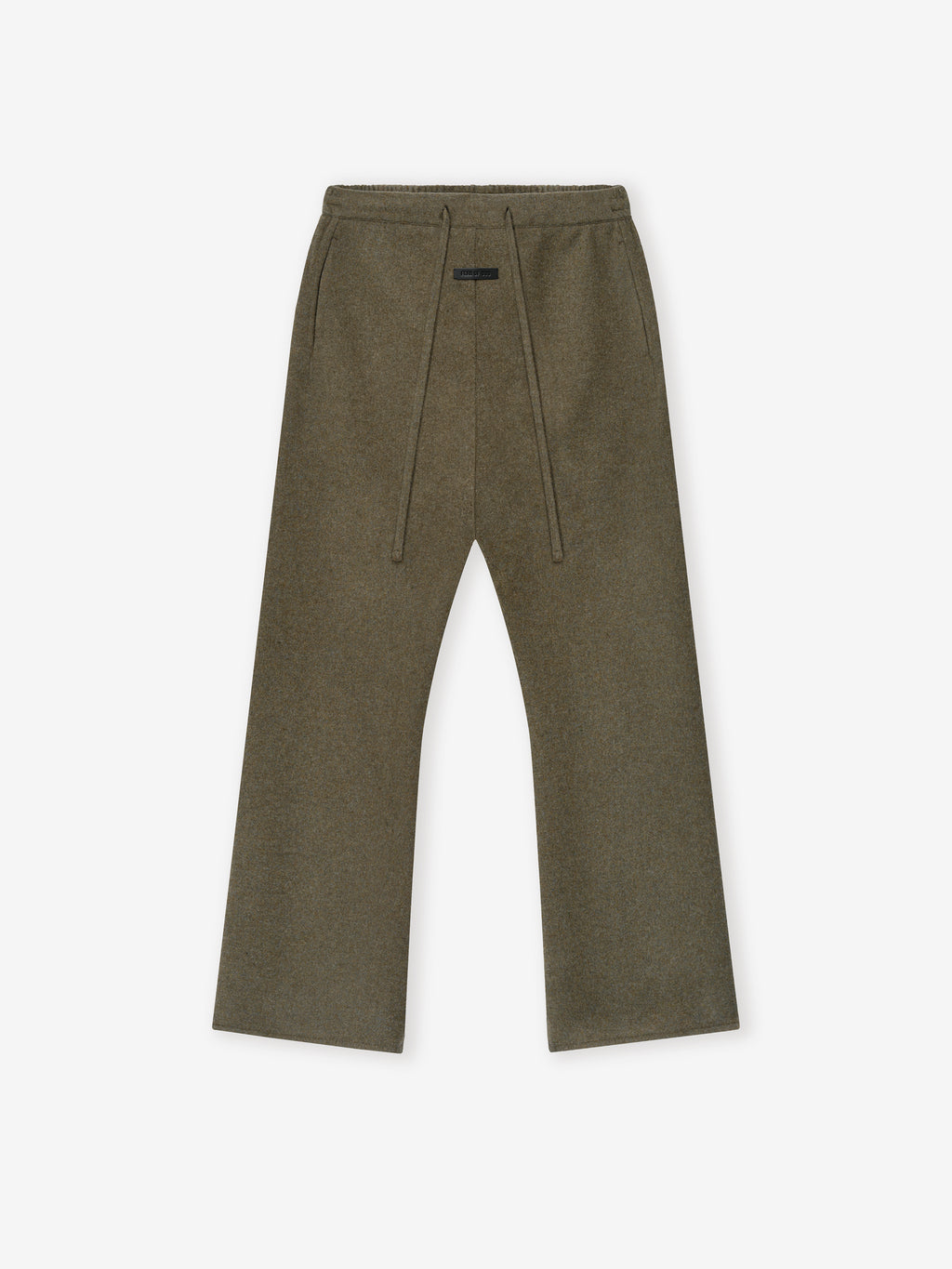 olive green double-face wool cashmere flared pants with elastic waistband and drawstring detail on white background