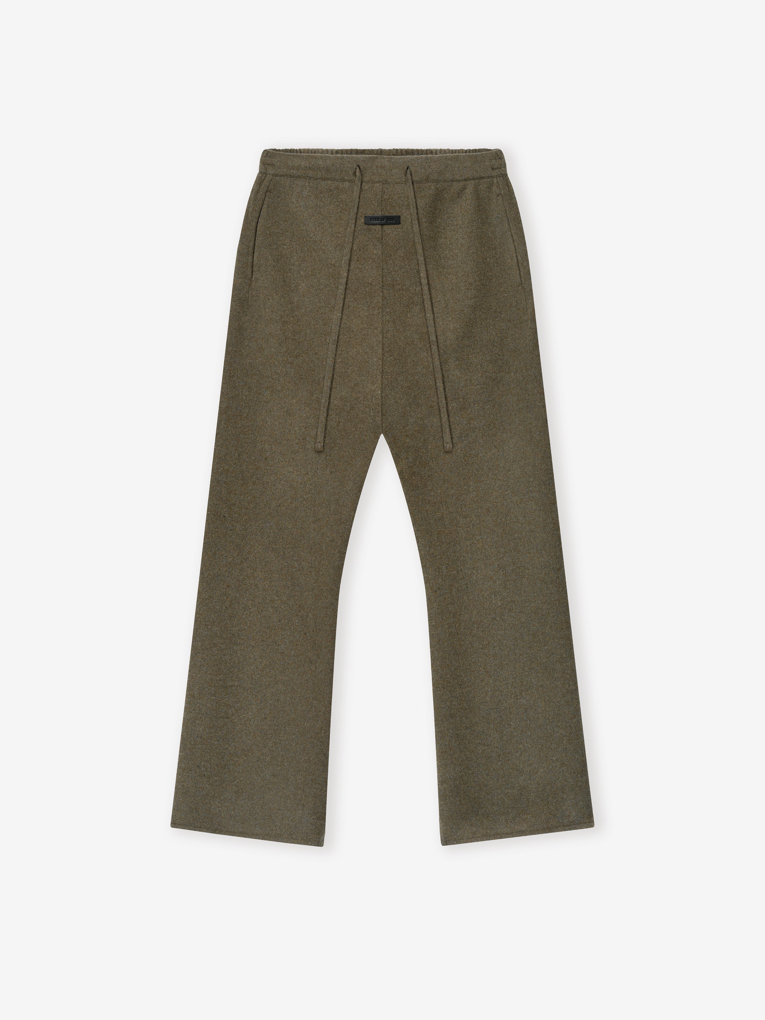 olive green double-face wool cashmere flared pants with elastic waistband and drawstring detail on white background