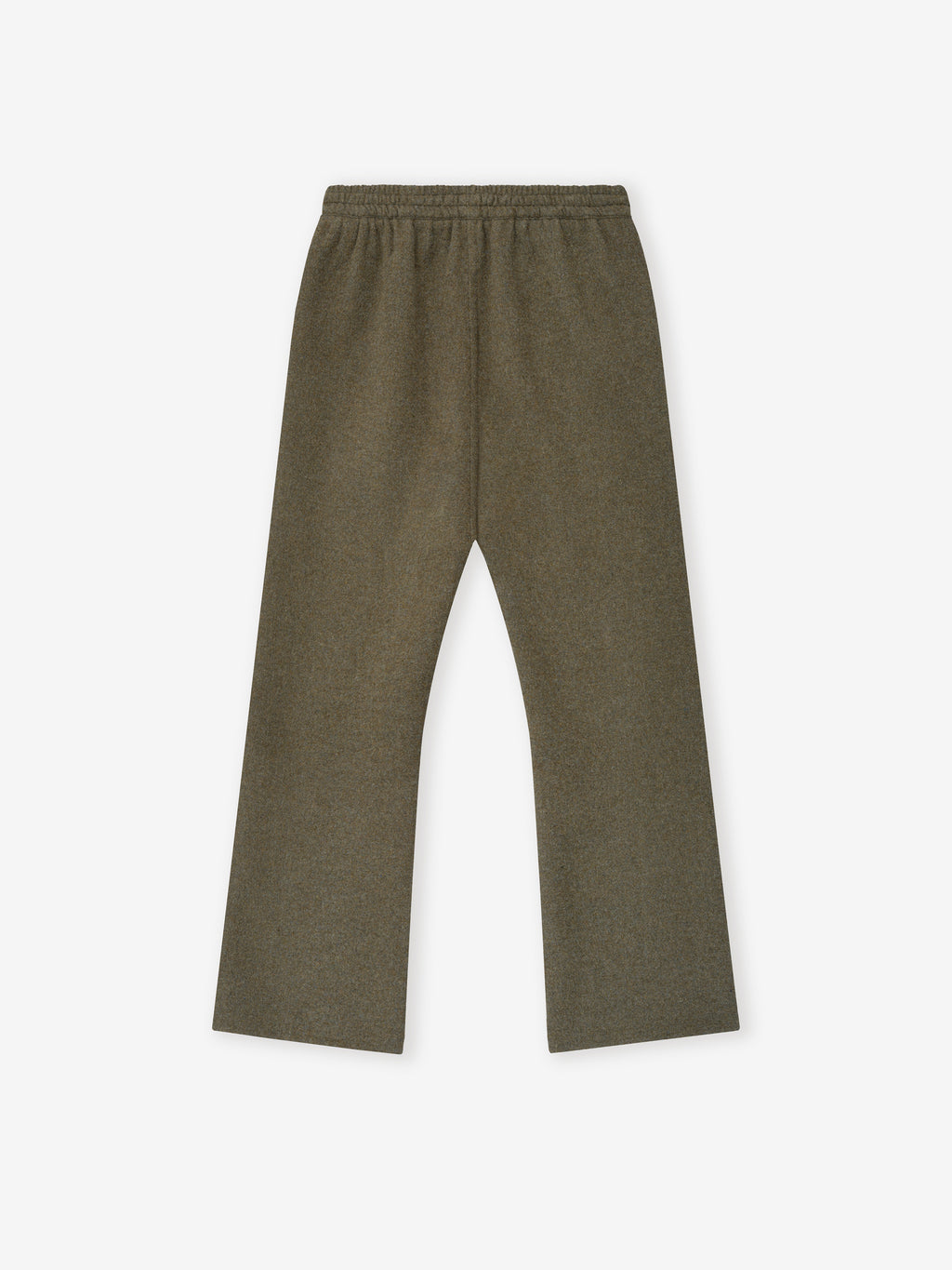 olive green wool cashmere blend flared pants with elastic waistband laid flat on white background