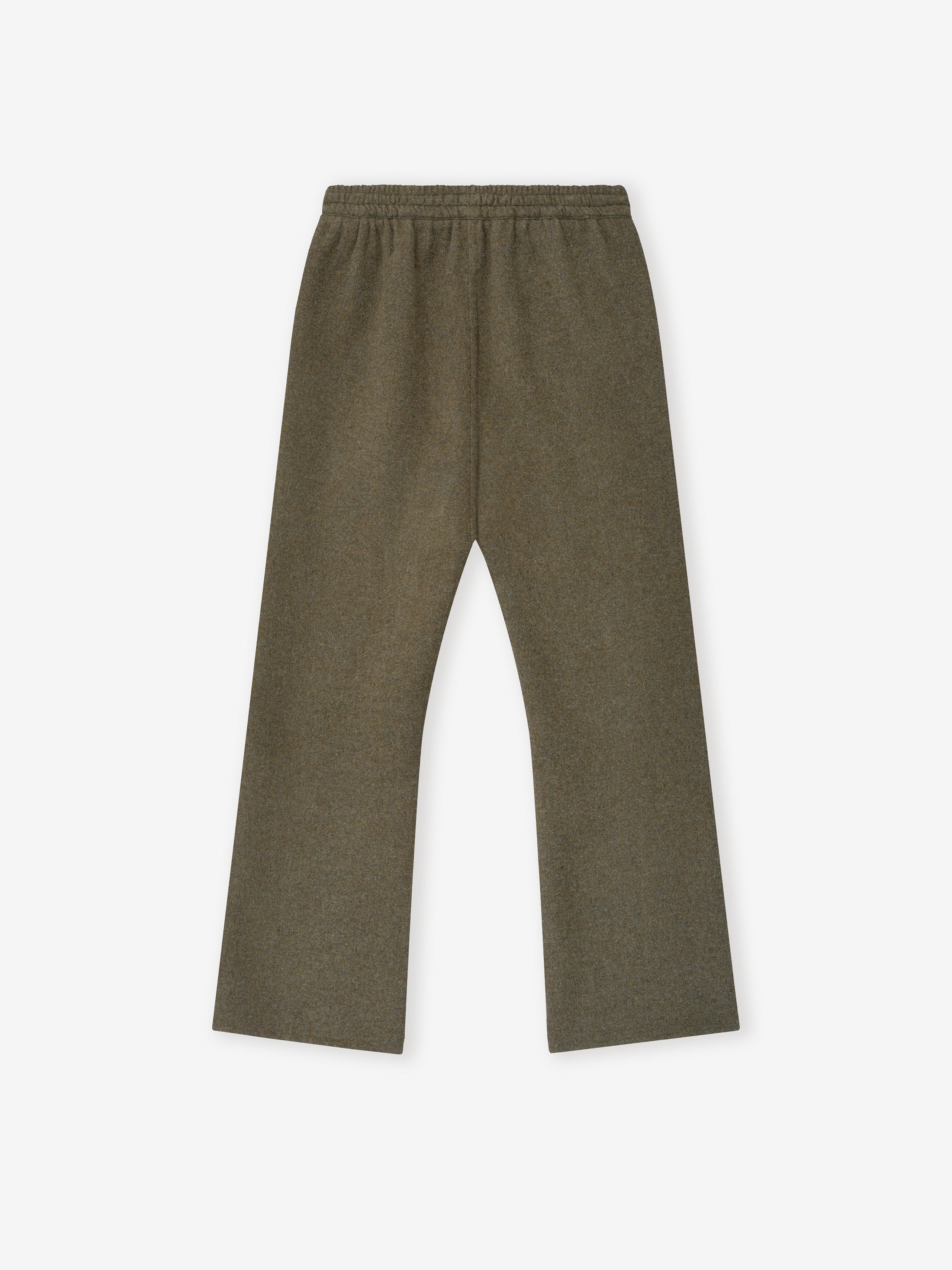olive green wool cashmere blend flared pants with elastic waistband laid flat on white background