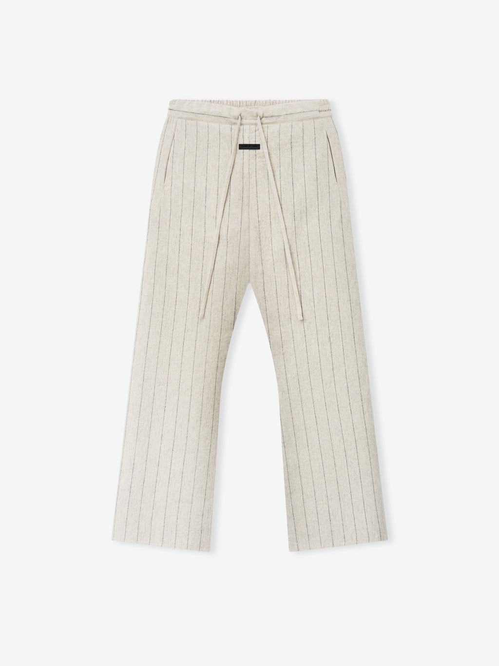 light beige pinstriped double face wool nylon flared pants with elastic waistband and drawstring front detail