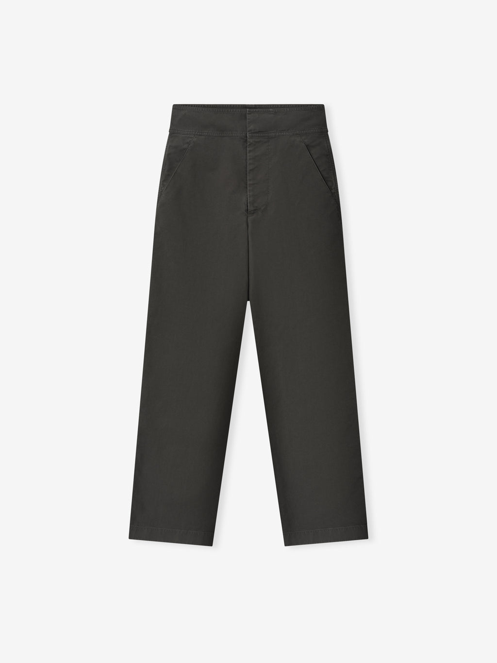dark grey garment dyed heavy cotton casual flat front pants with side seam pockets and clean waistband design