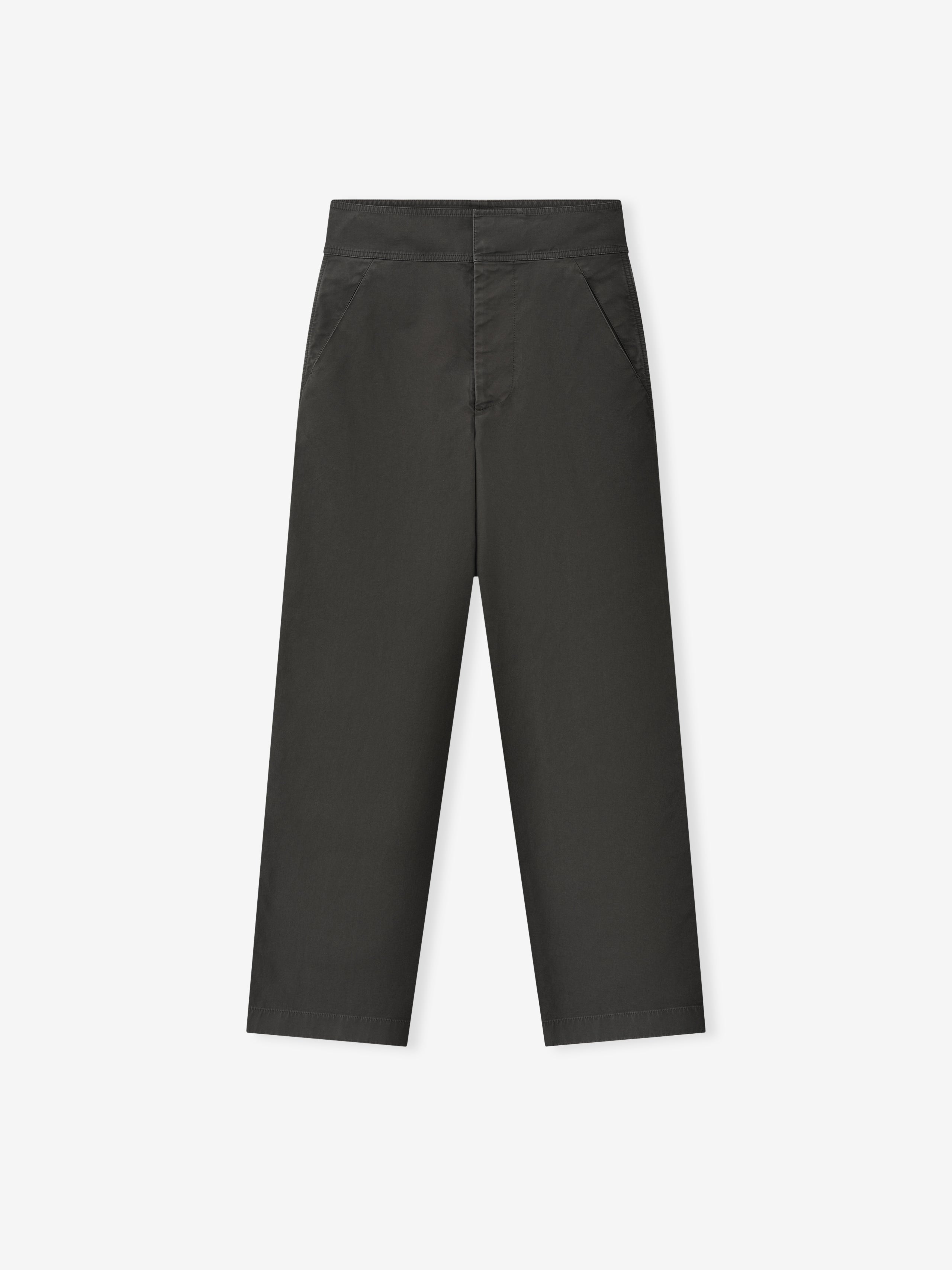 dark grey garment dyed heavy cotton casual flat front pants with side seam pockets and clean waistband design