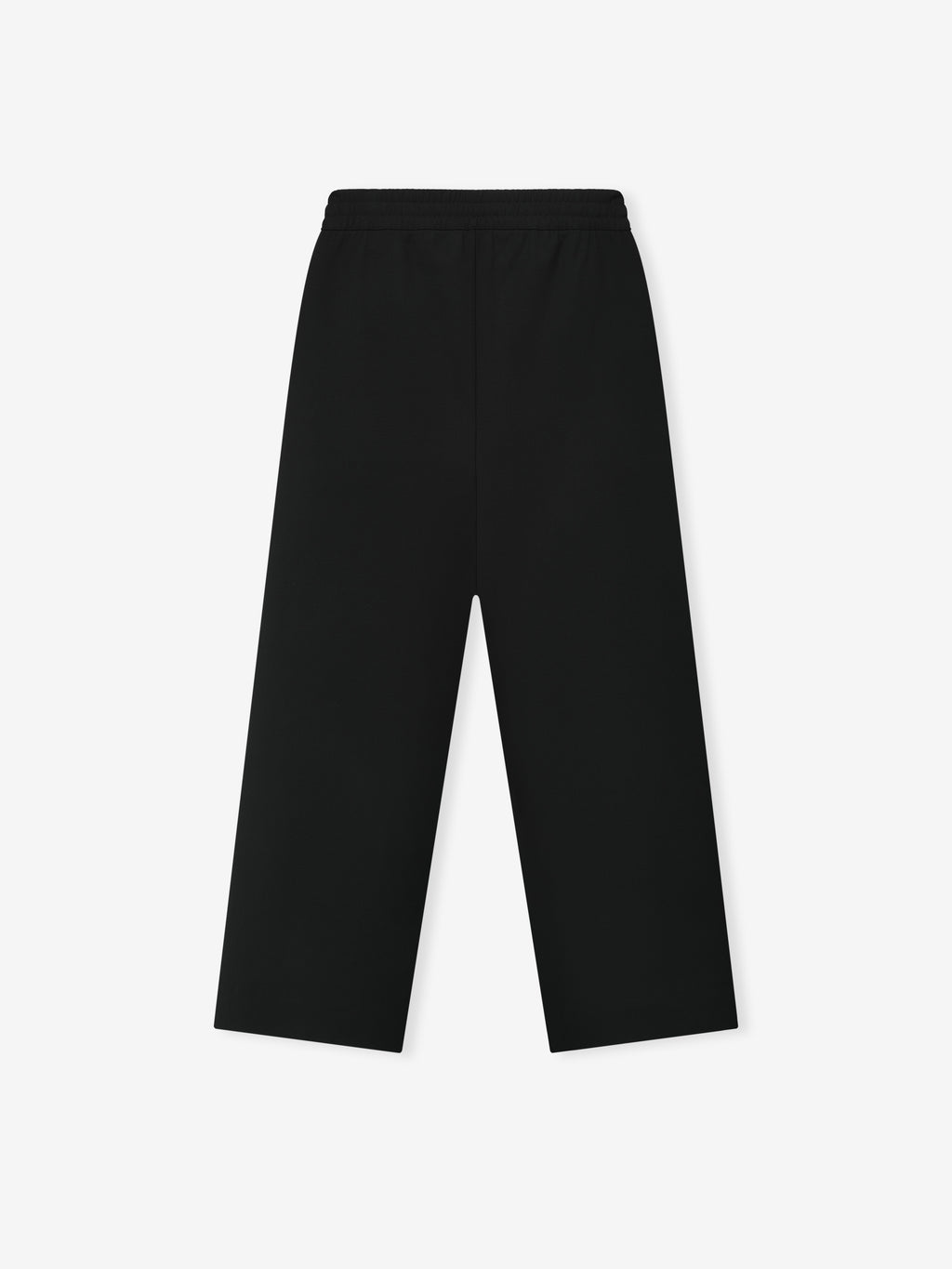 black double-weave virgin wool wide leg pants with elastic waistband and drawstring closure, sculptural all-season weight