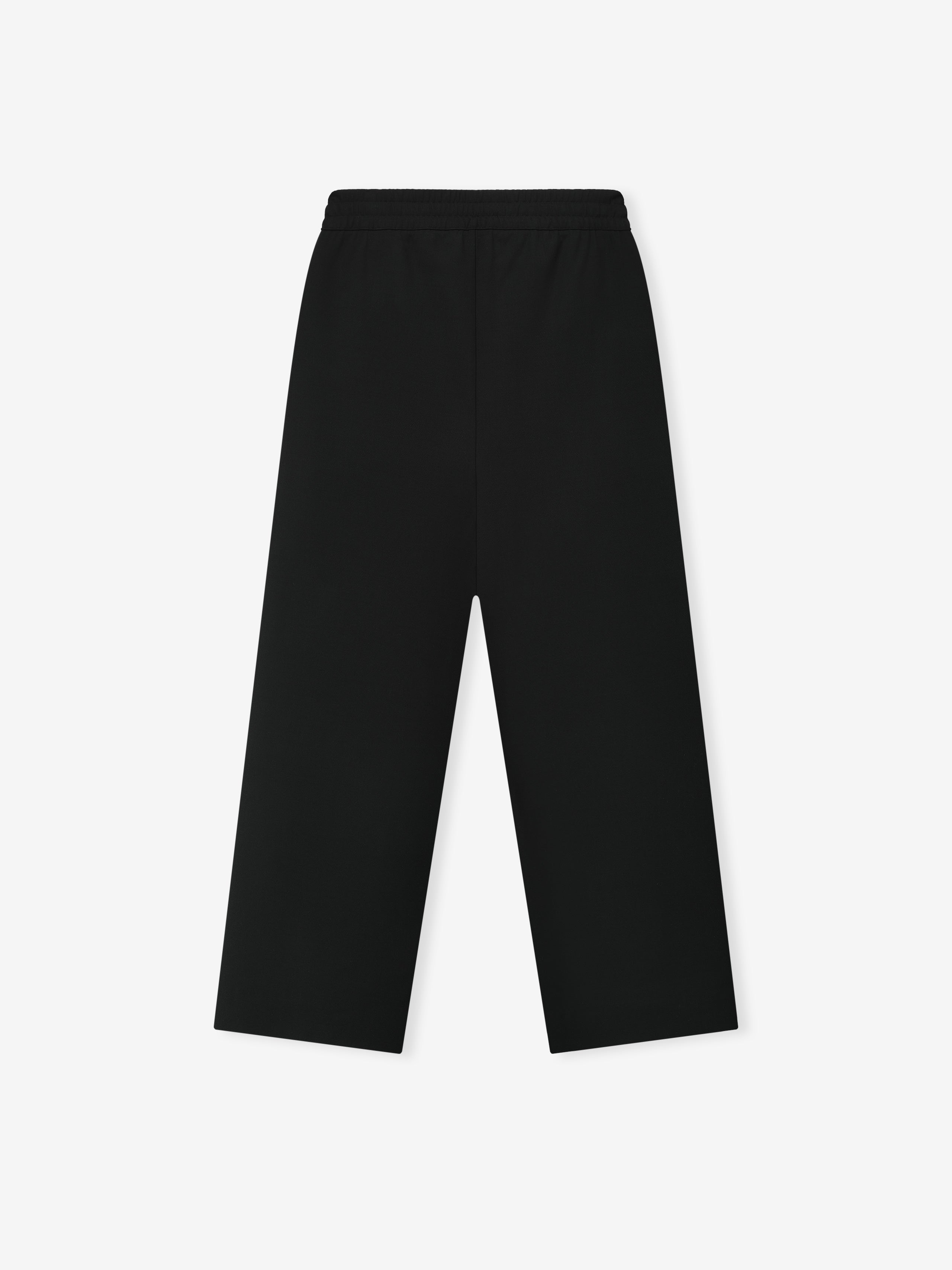 black double-weave virgin wool wide leg pants with elastic waistband and drawstring closure, sculptural all-season weight