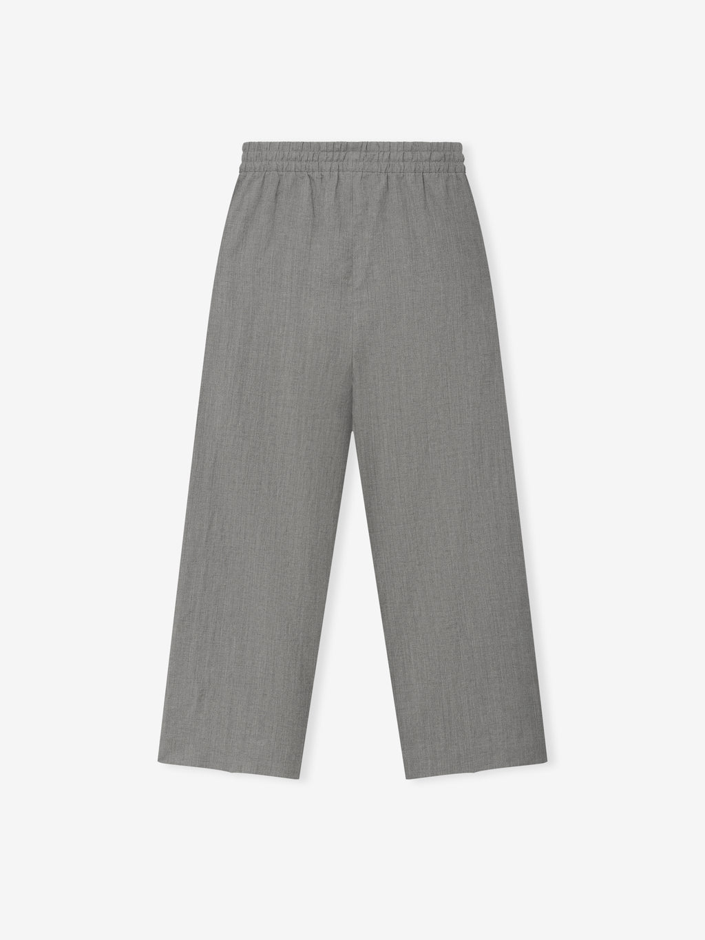 Straight-leg gray pants with elastic waistband laid flat on white background