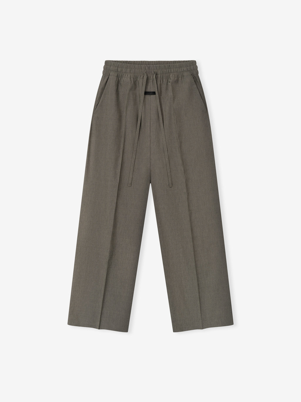 olive green wide-leg cotton wool oxford pants featuring an elastic waistband and long adjustable drawstring closure