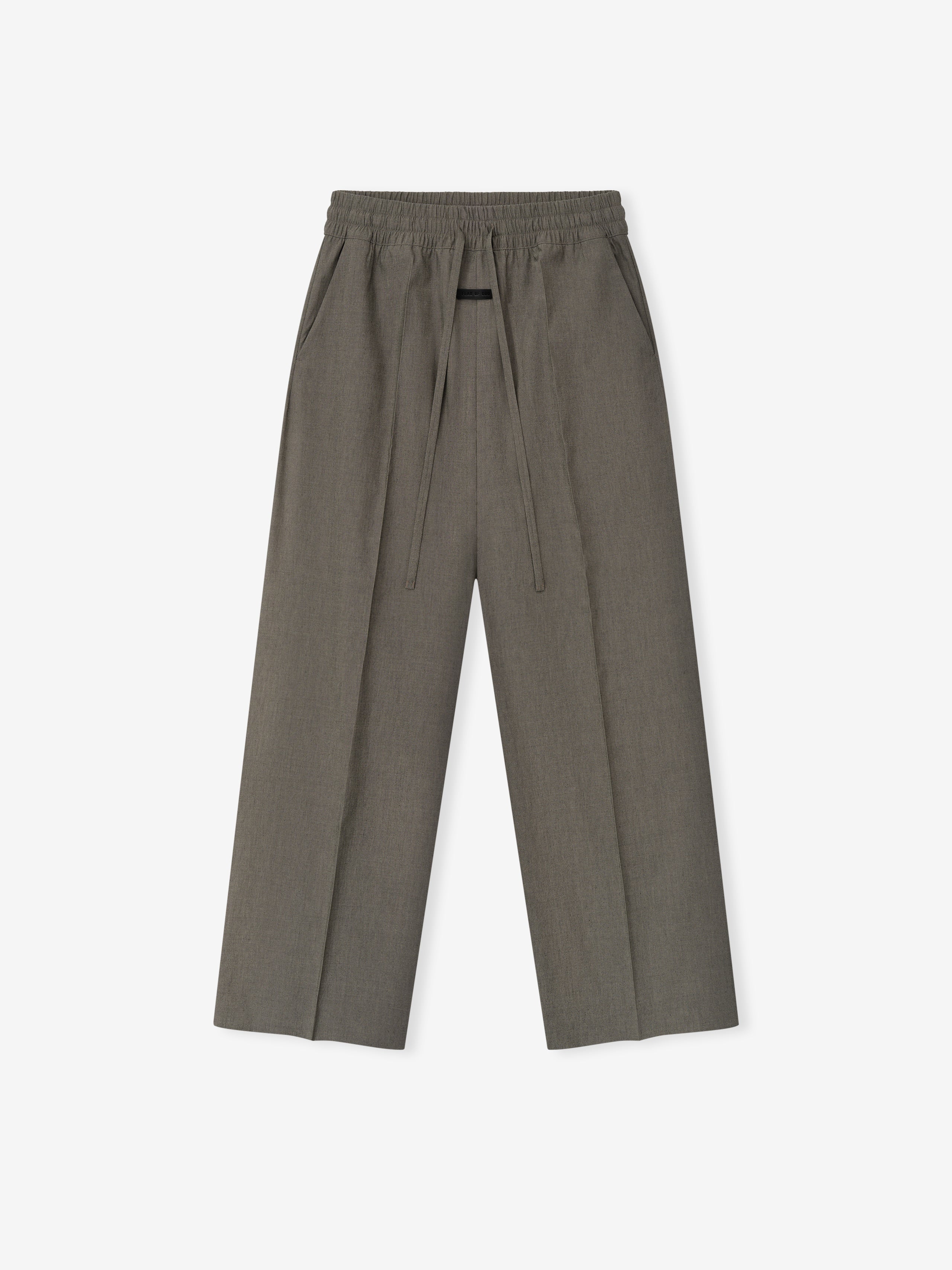 olive green wide-leg cotton wool oxford pants featuring an elastic waistband and long adjustable drawstring closure