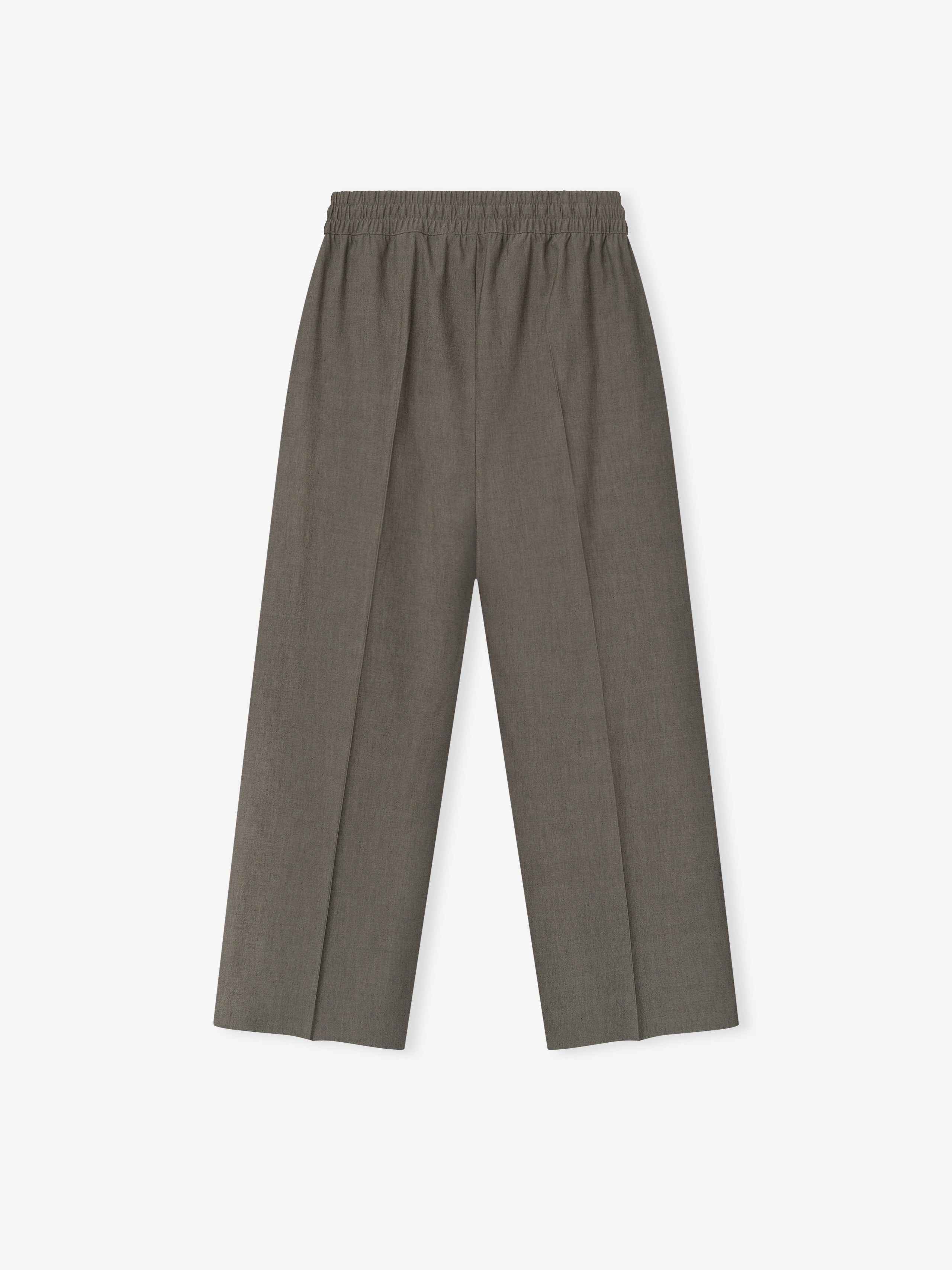 wide-leg cotton wool oxford pants in muted olive tone with elastic waistband and front creases