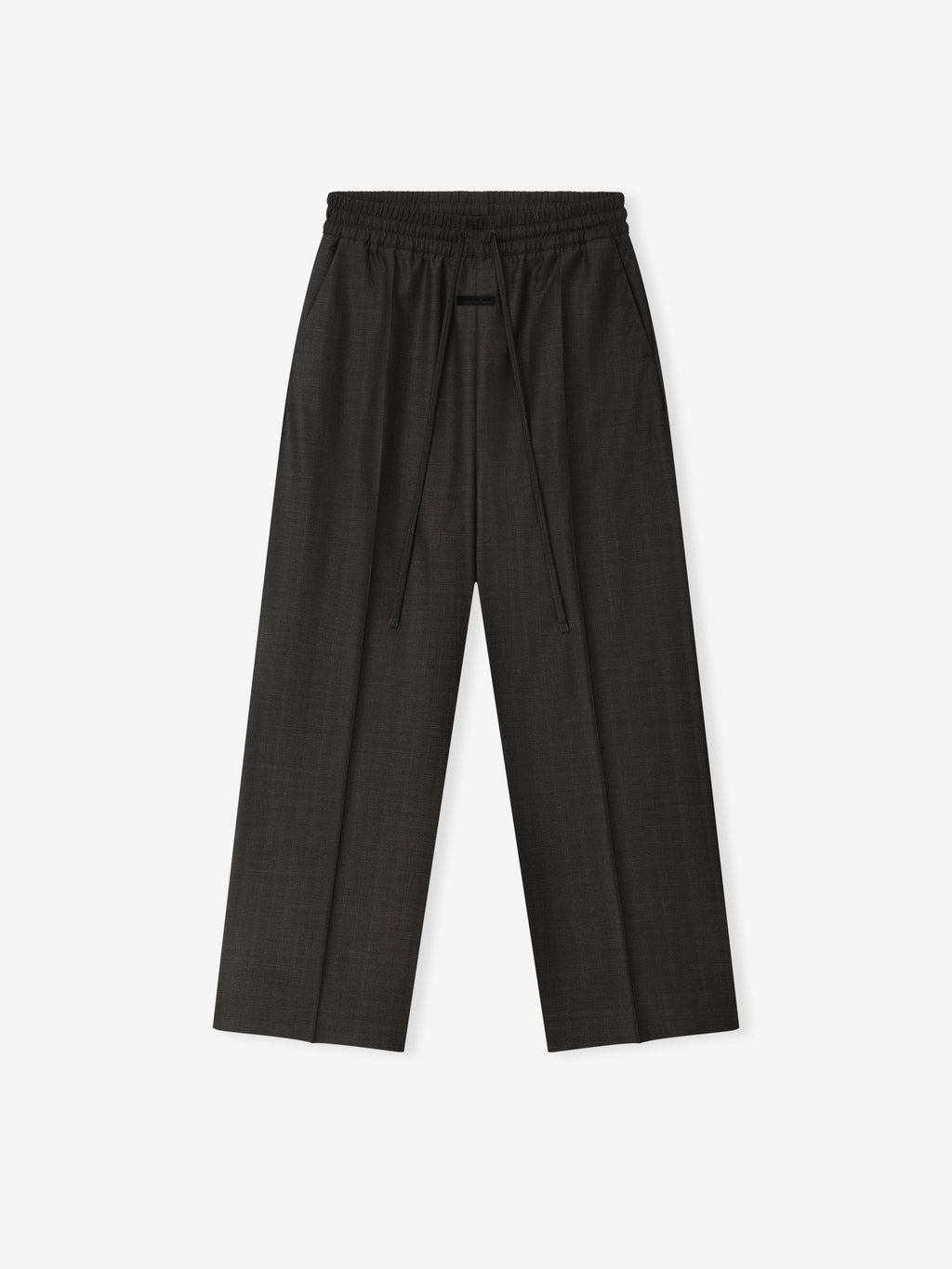 black wide-leg wool pants with elastic waistband and long drawstring closure featuring a smooth, refined texture