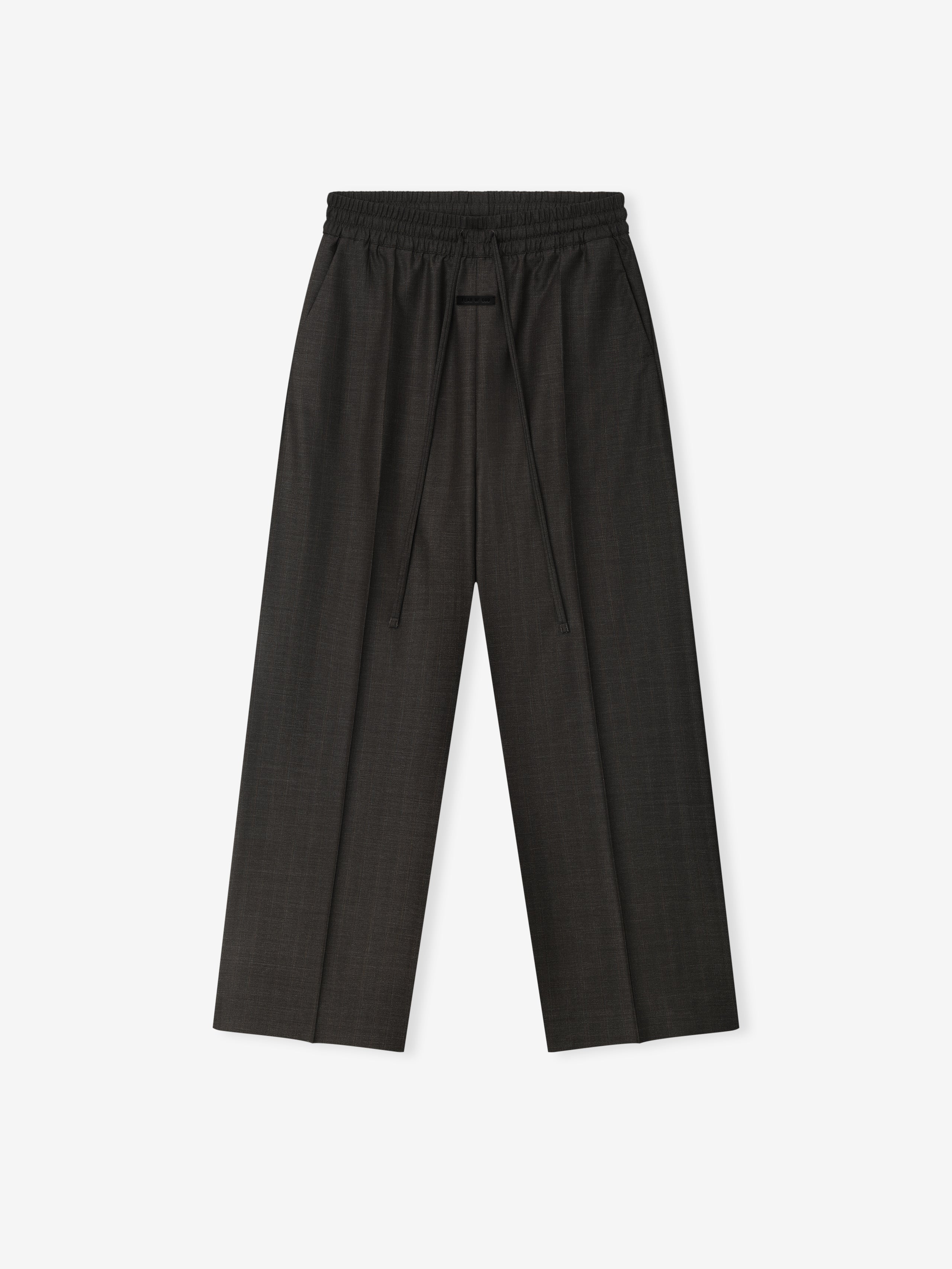 black wide-leg wool pants with elastic waistband and long drawstring closure featuring a smooth, refined texture