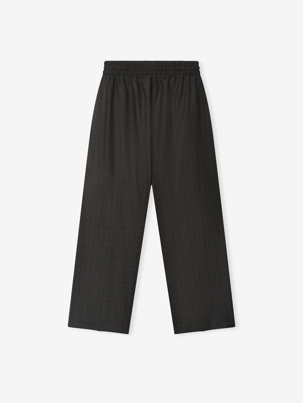 black wide-leg wool pants with elastic waistband and adjustable drawstring in a smooth, fine yarn-dyed fabric