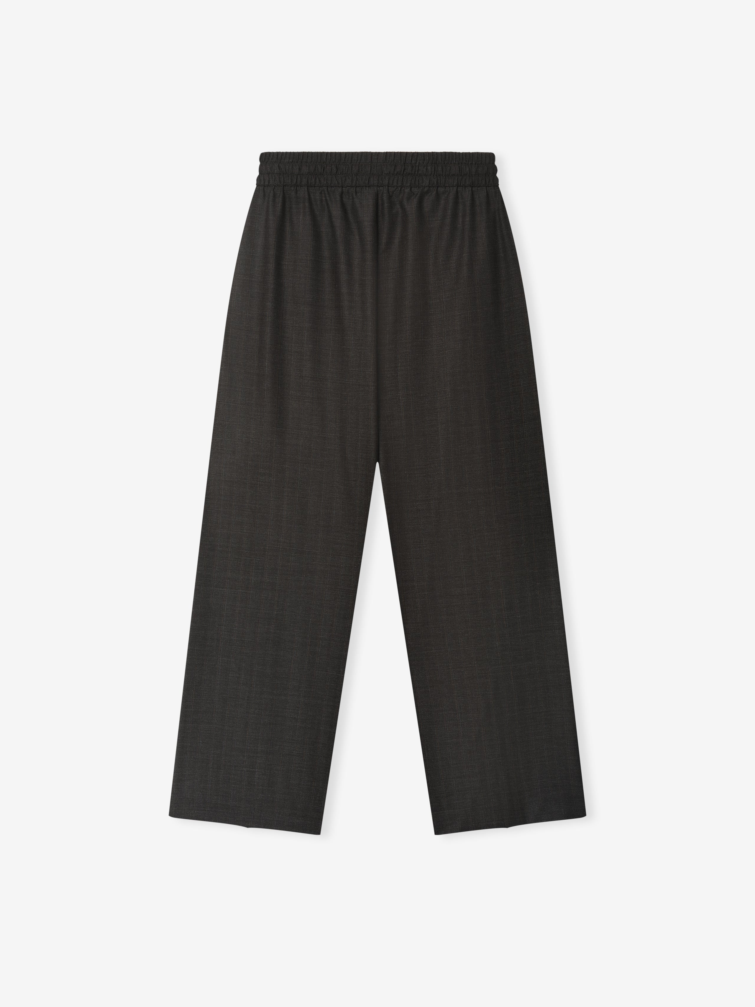 black wide-leg wool pants with elastic waistband and adjustable drawstring in a smooth, fine yarn-dyed fabric