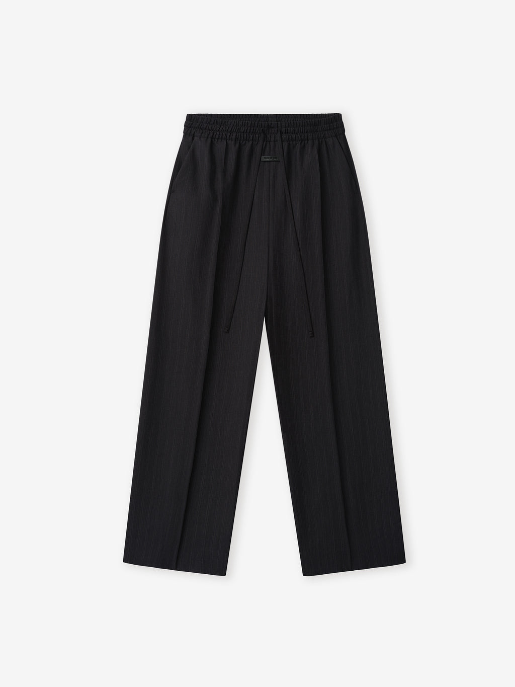 black striped wide-leg wool pants with elastic waistband and long adjustable drawstring detail on flat lay