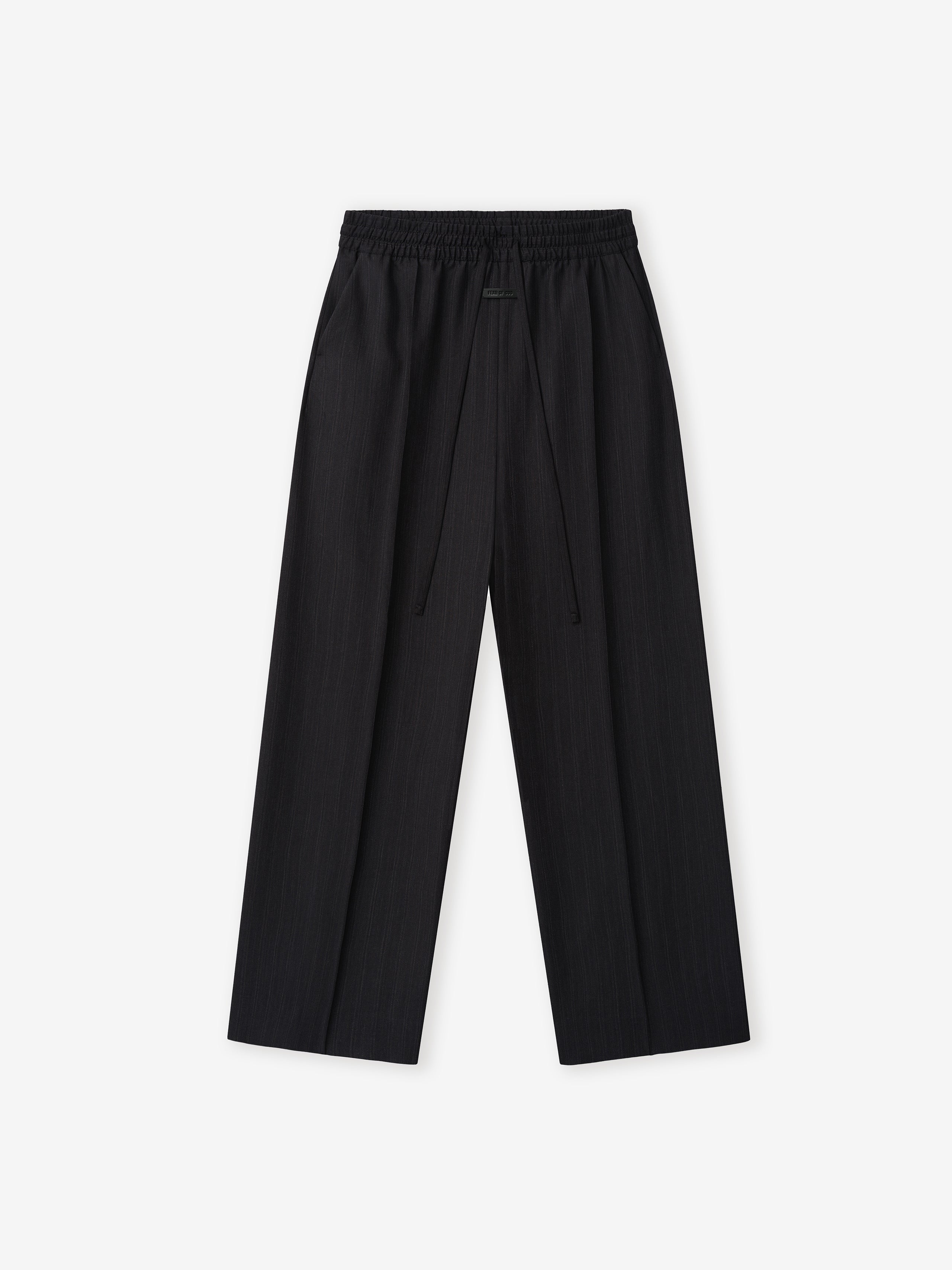 black striped wide-leg wool pants with elastic waistband and long adjustable drawstring detail on flat lay