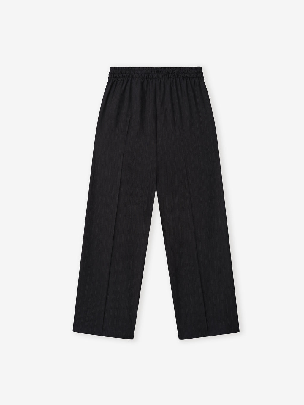 black wide-leg wool pants with elastic waistband and subtle vertical stripe texture laid flat on white background