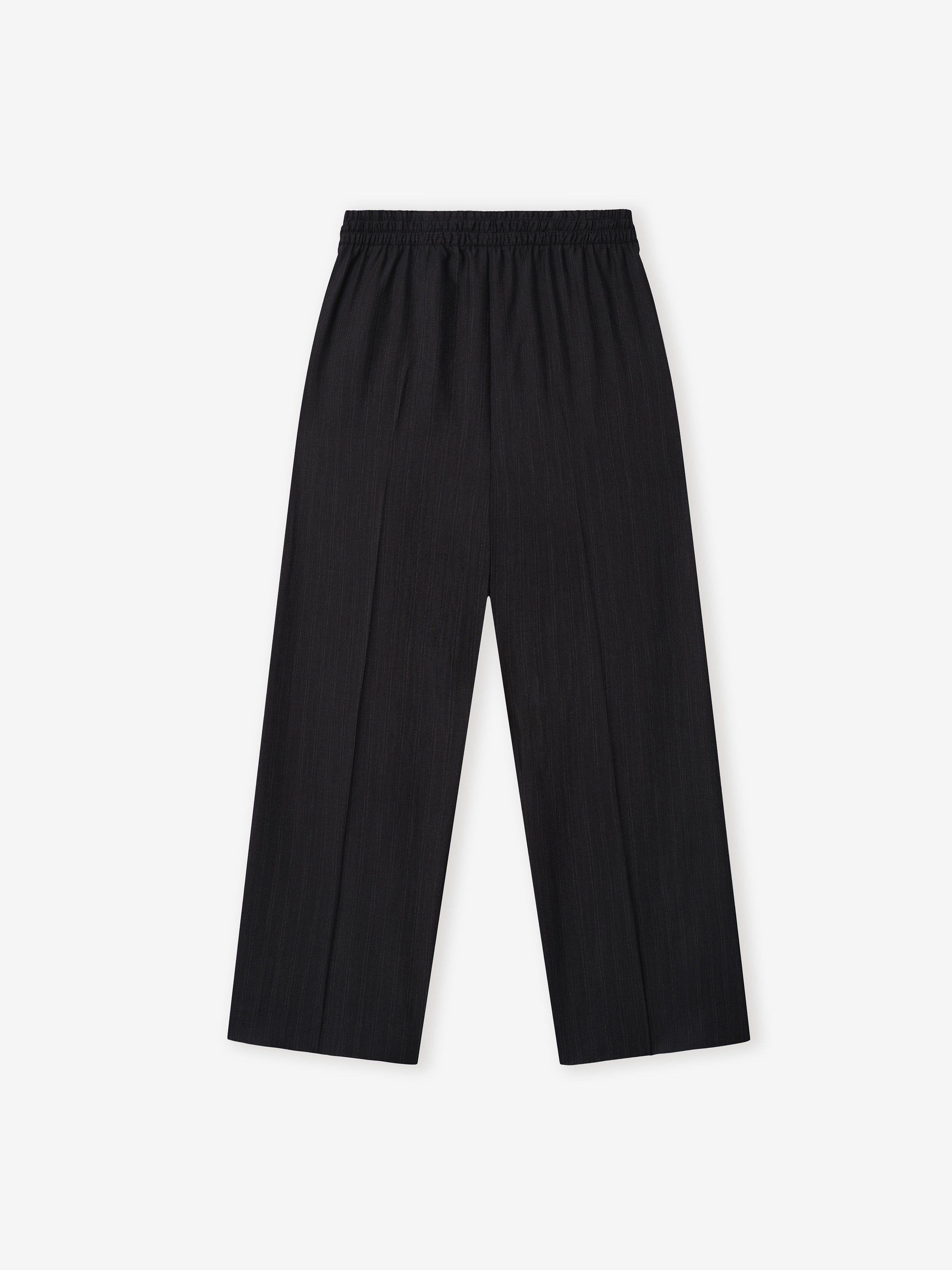 black wide-leg wool pants with elastic waistband and subtle vertical stripe texture laid flat on white background