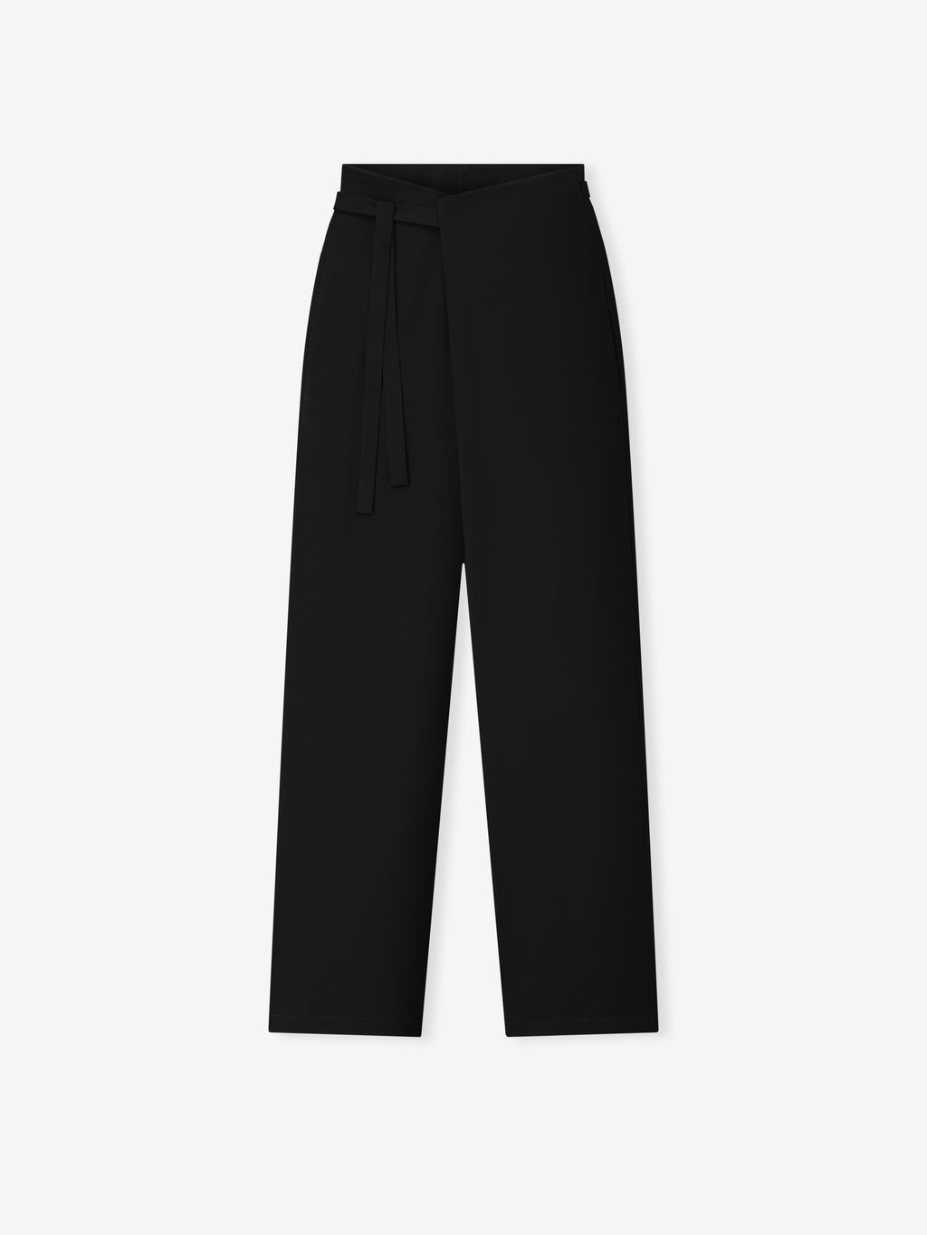 black low-rise wrap pants made from lightweight wool canvas with a relaxed fit and side tie closure