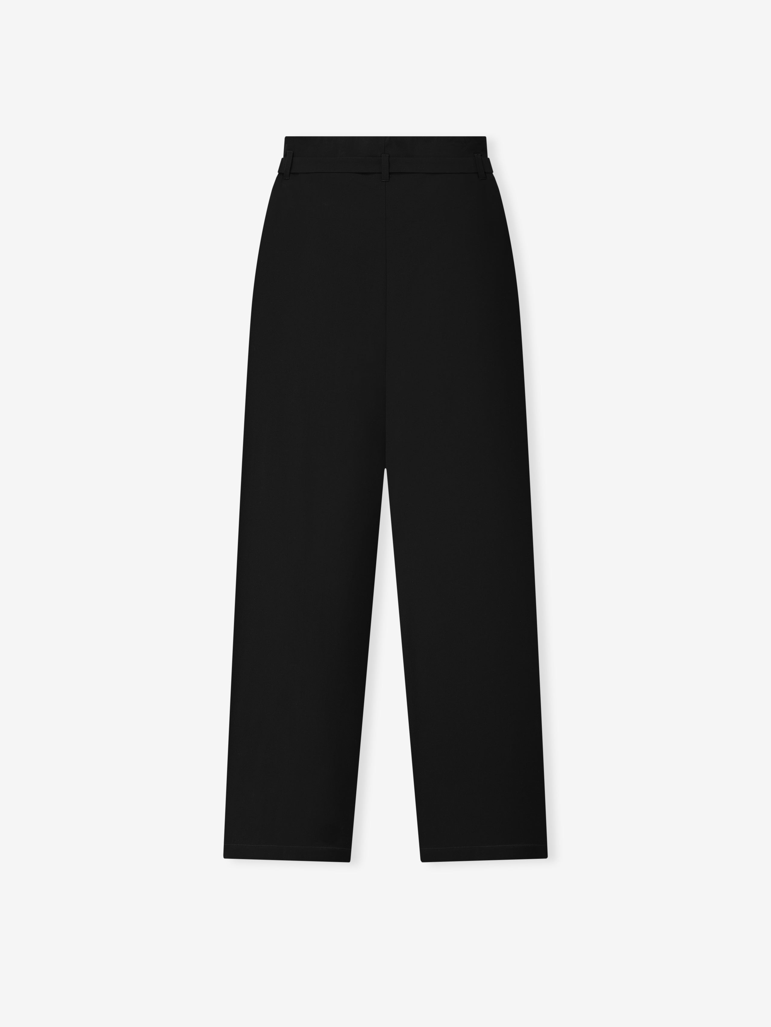 black low-rise pants with straight leg silhouette made from smooth superfine lightweight wool canvas