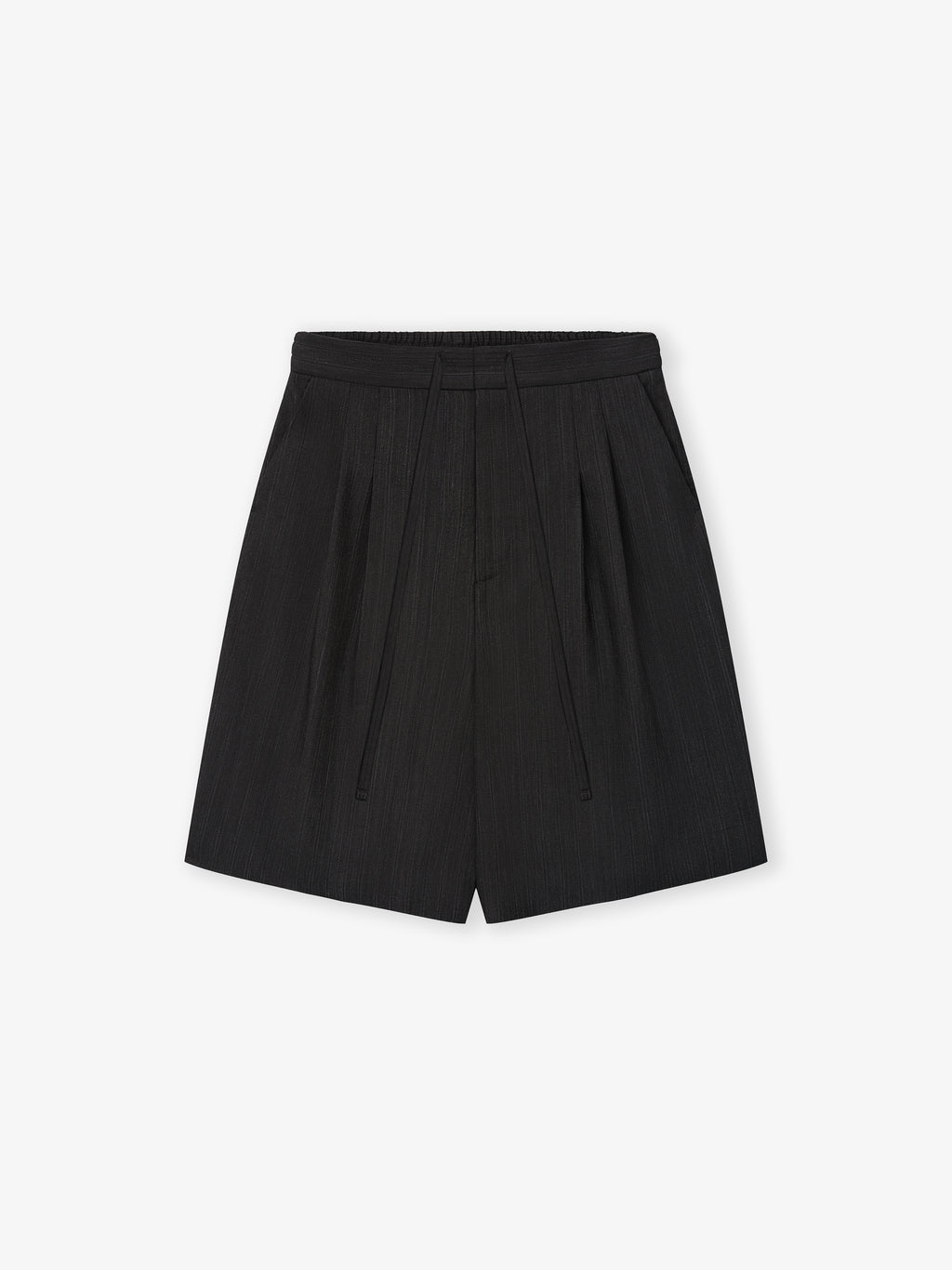 black knee-length baggy shorts made from super-fine yarn-dyed wool with subtle vertical stripe detail and drawstring waist