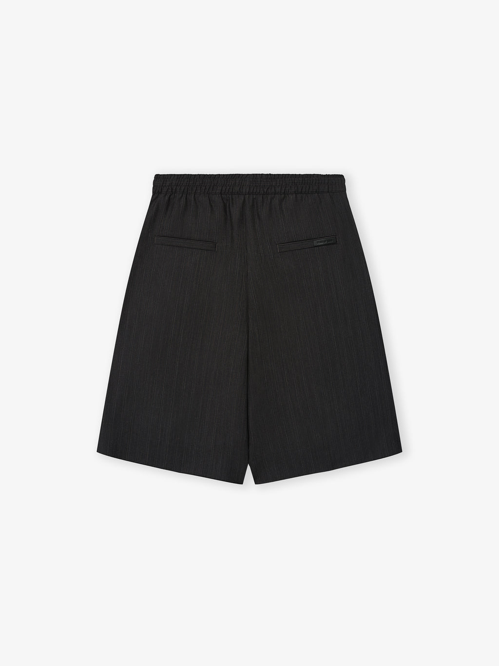knee-length loose fit shorts in black superfine yarn-dyed wool with subtle stripe pattern and elastic waistband