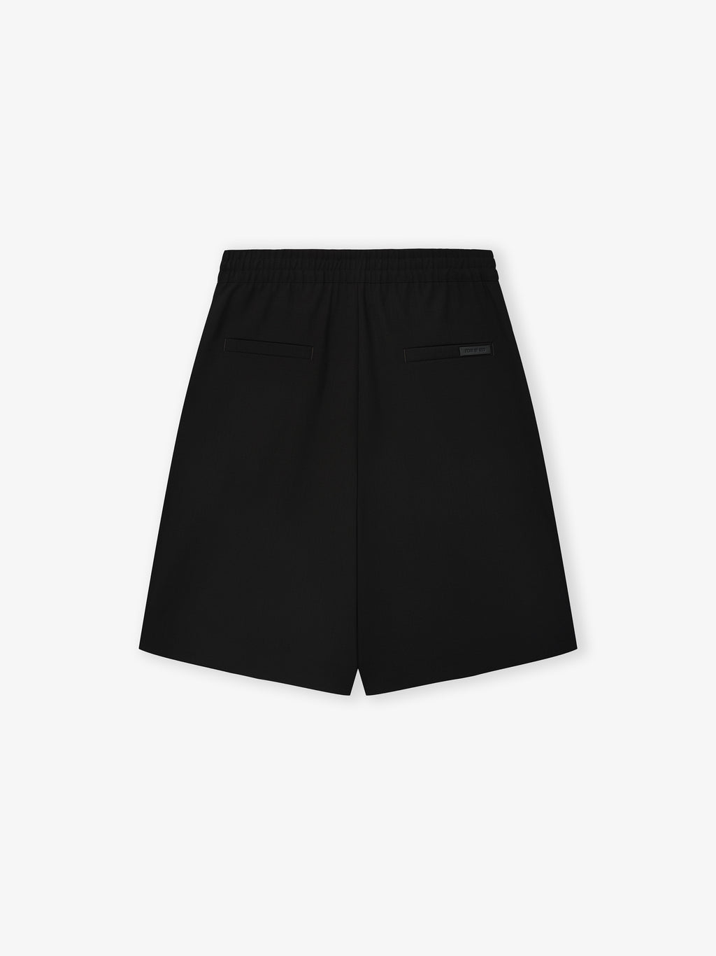black knee-length baggy shorts in lightweight ripstop virgin wool with elastic waistband and rear welt pockets