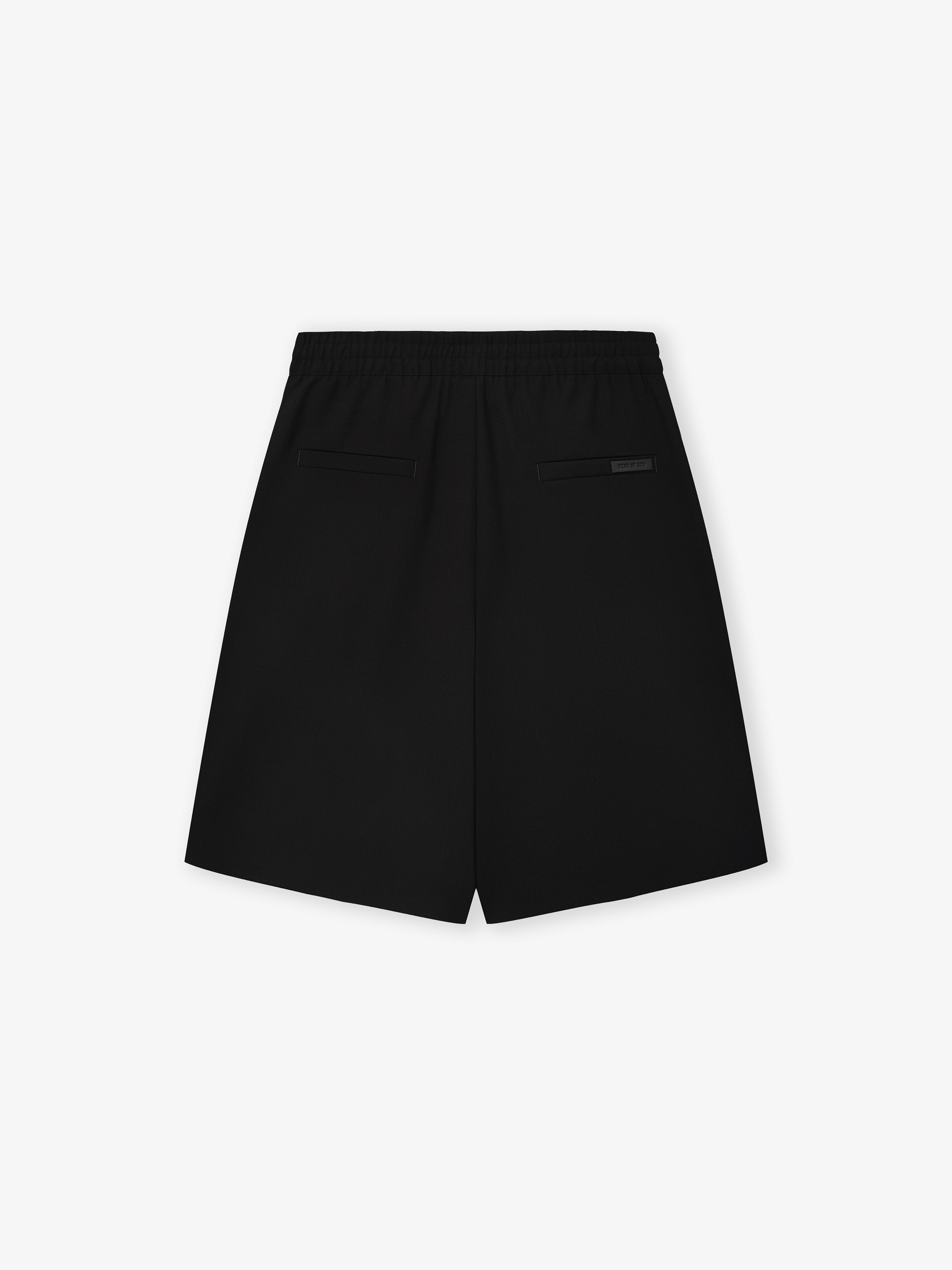 black knee-length baggy shorts in lightweight ripstop virgin wool with elastic waistband and rear welt pockets