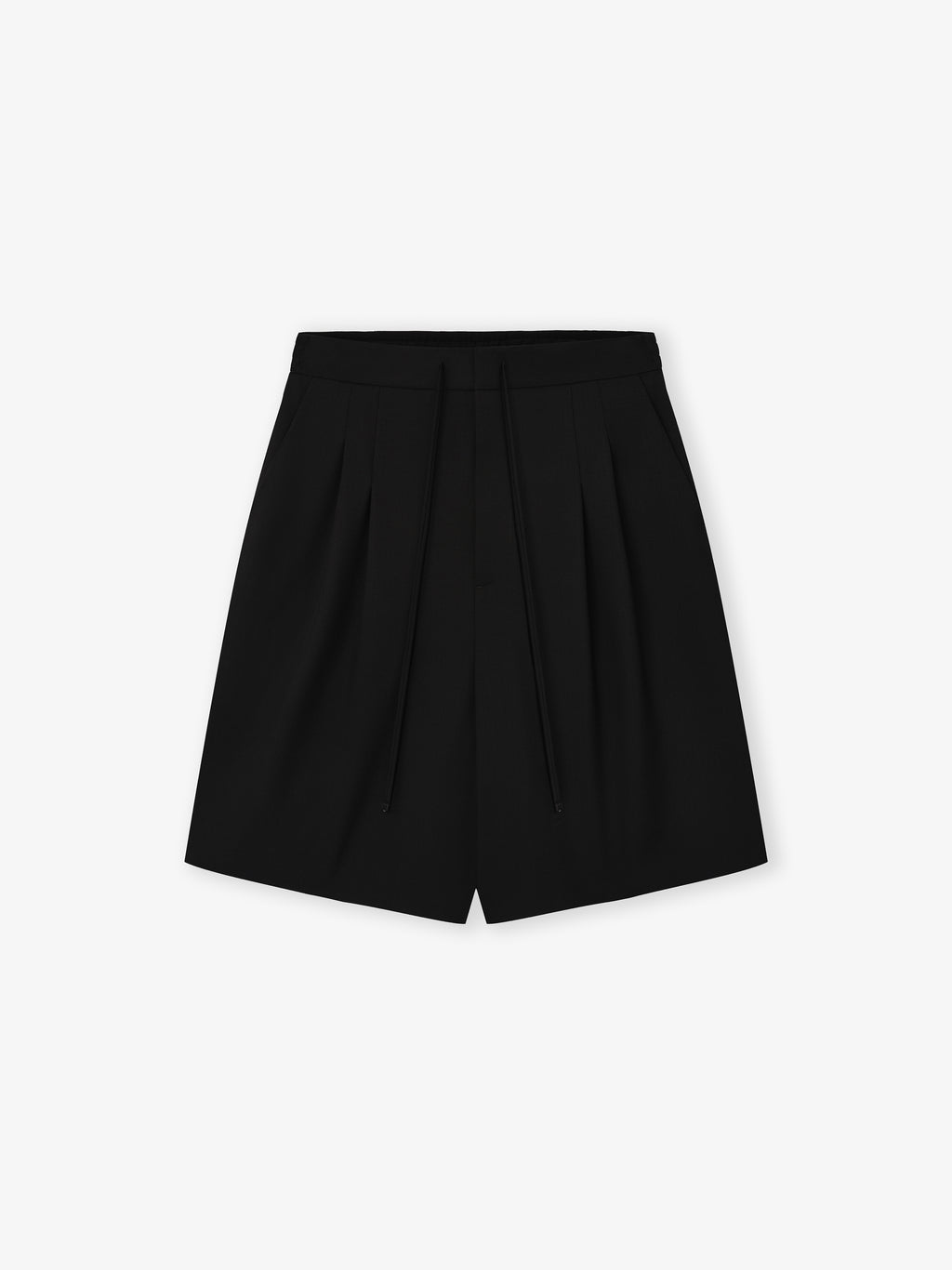 black knee-length baggy shorts in lightweight ripstop virgin wool with double pleat front and drawstring waist
