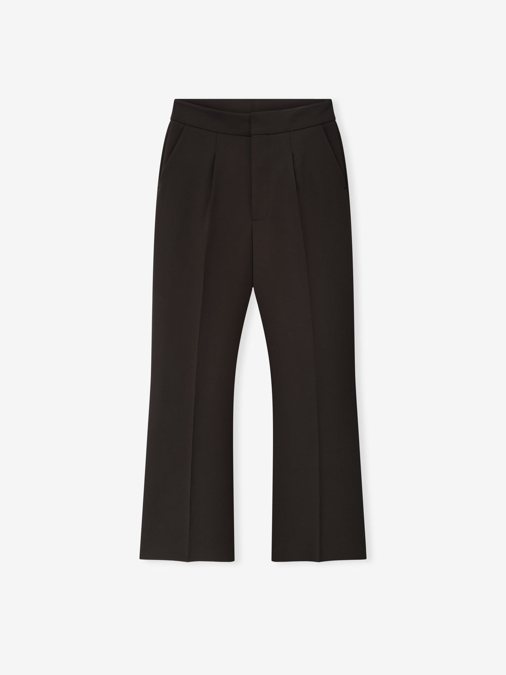 high-waisted tailored flared pants in black double-weave virgin wool with front pleats and side pockets