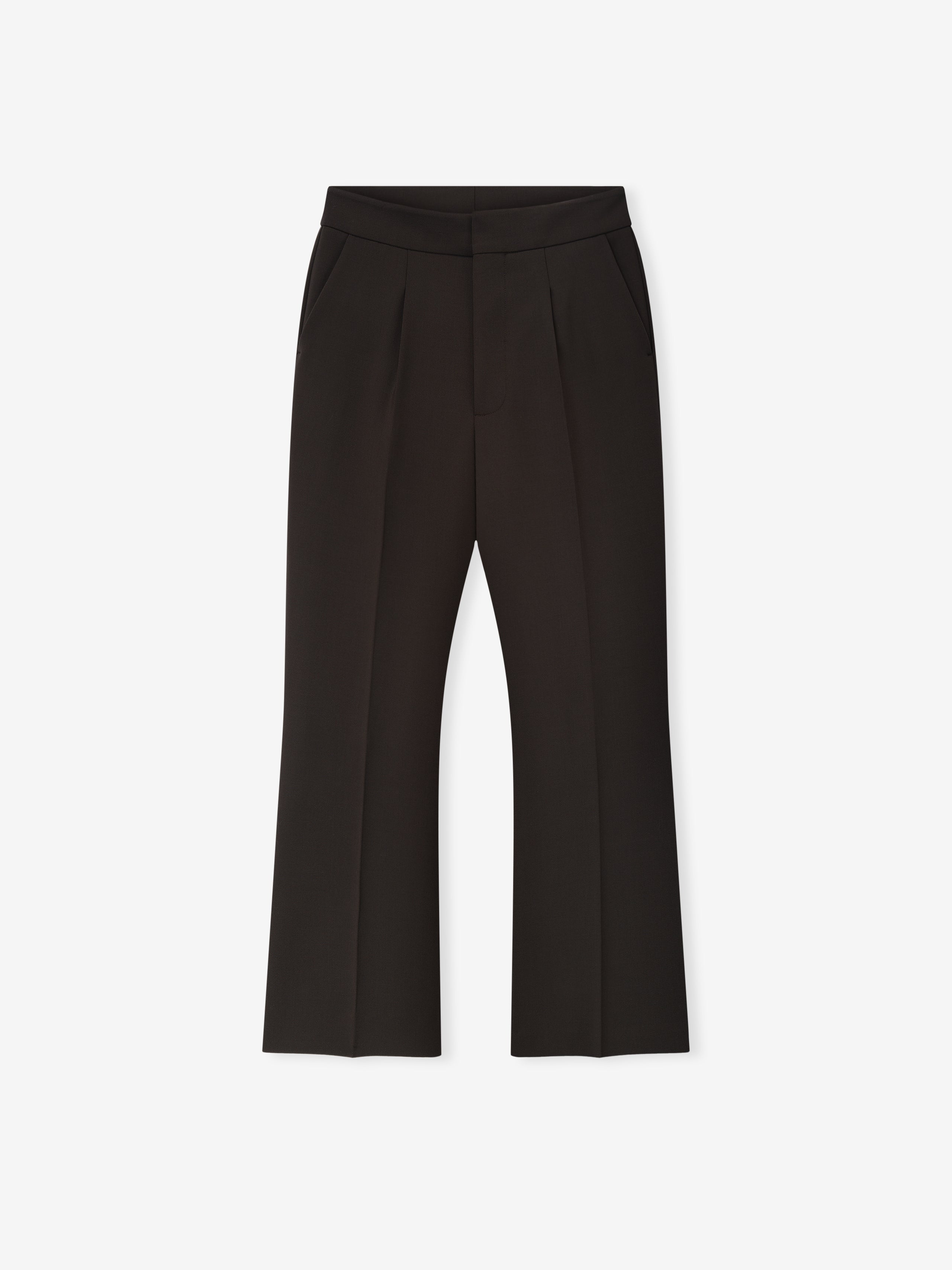 high-waisted tailored flared pants in black double-weave virgin wool with front pleats and side pockets