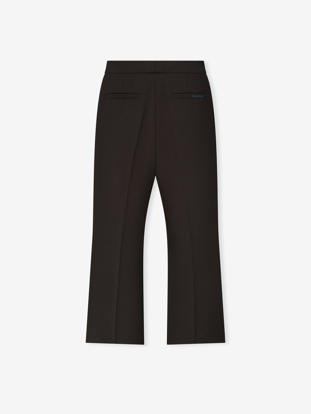 black double-weave virgin wool tailored high-waisted flared pants with rear welt pockets and subtle logo patch detail