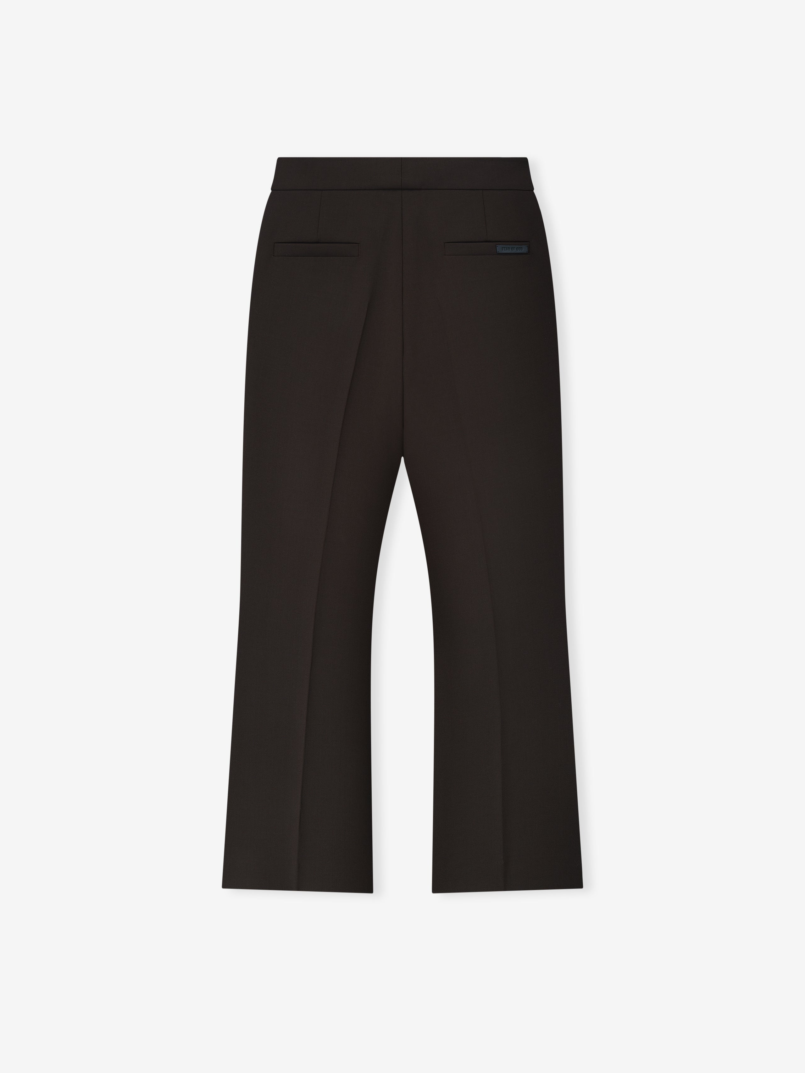 black double-weave virgin wool tailored high-waisted flared pants with rear welt pockets and subtle logo patch detail