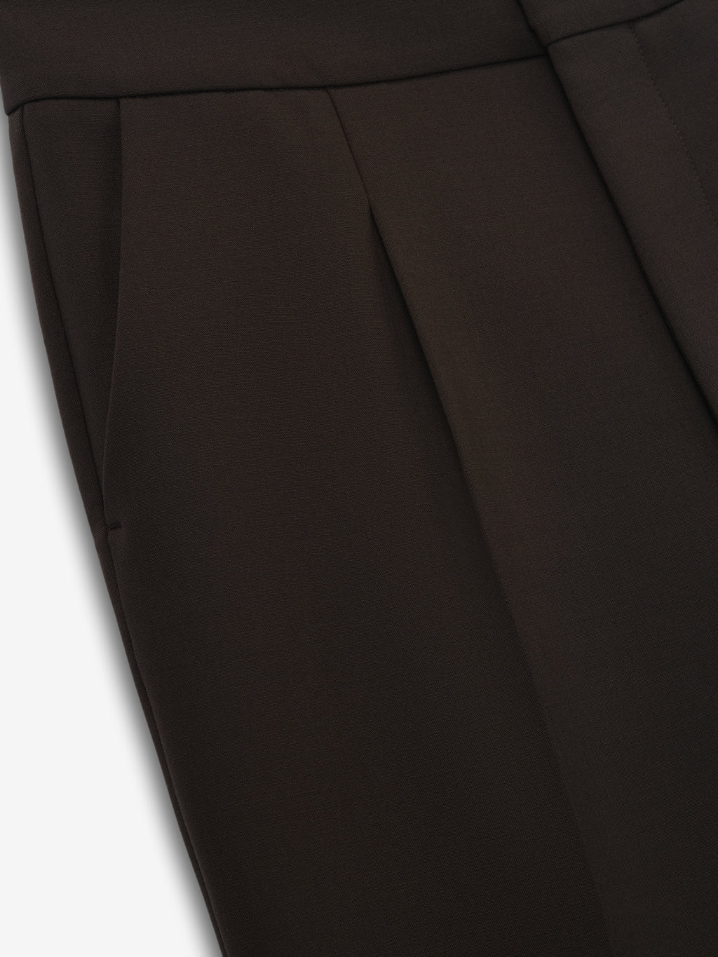 close-up of high-waisted double-weave virgin wool pants with pleats and sleek side pockets in dark brown