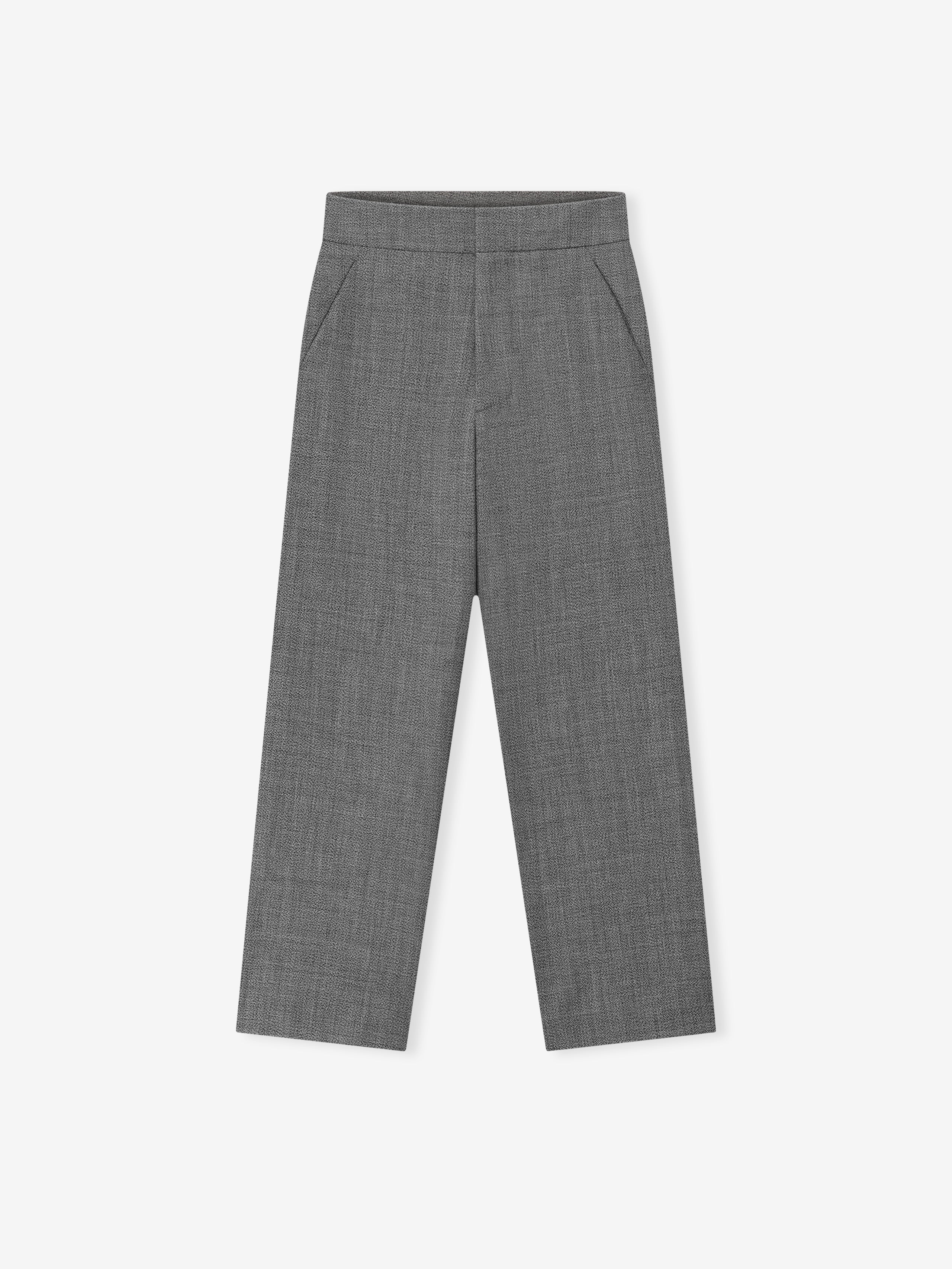 Gray flat-front straight leg trousers with side pockets displayed on a light background