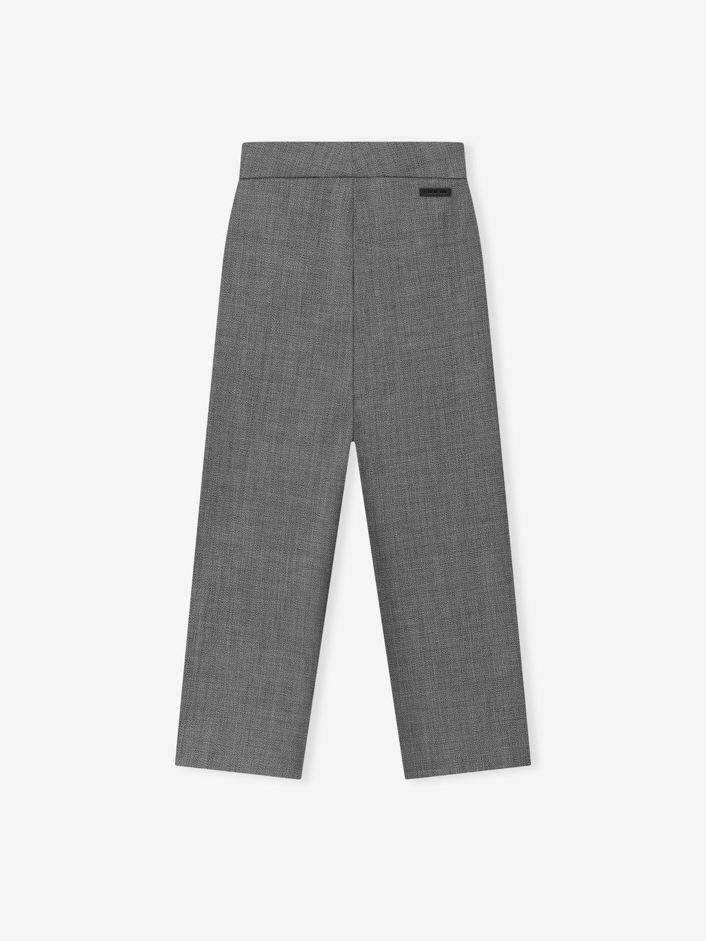 Back view of gray straight-leg trousers with a flat front and subtle texture on a white background