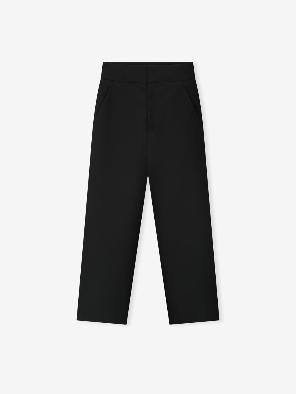 black wool poplin casual flat front pants with side seam pockets and back waistband pockets laid flat on white background