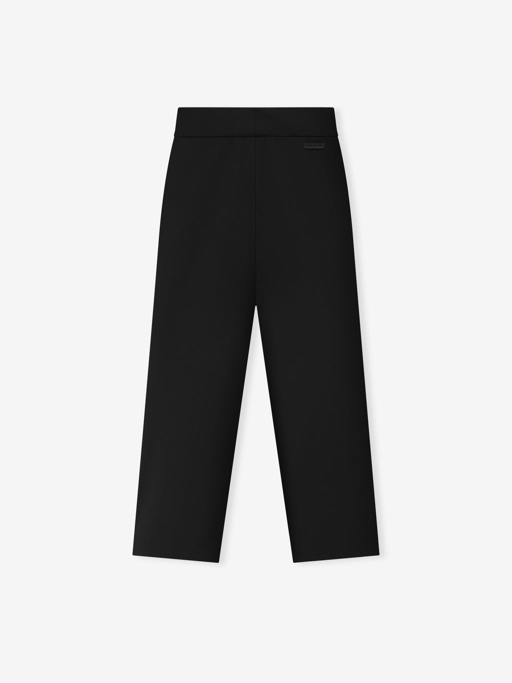 black wool poplin flat front casual pants with straight legs and back waistband pockets laid flat on white background