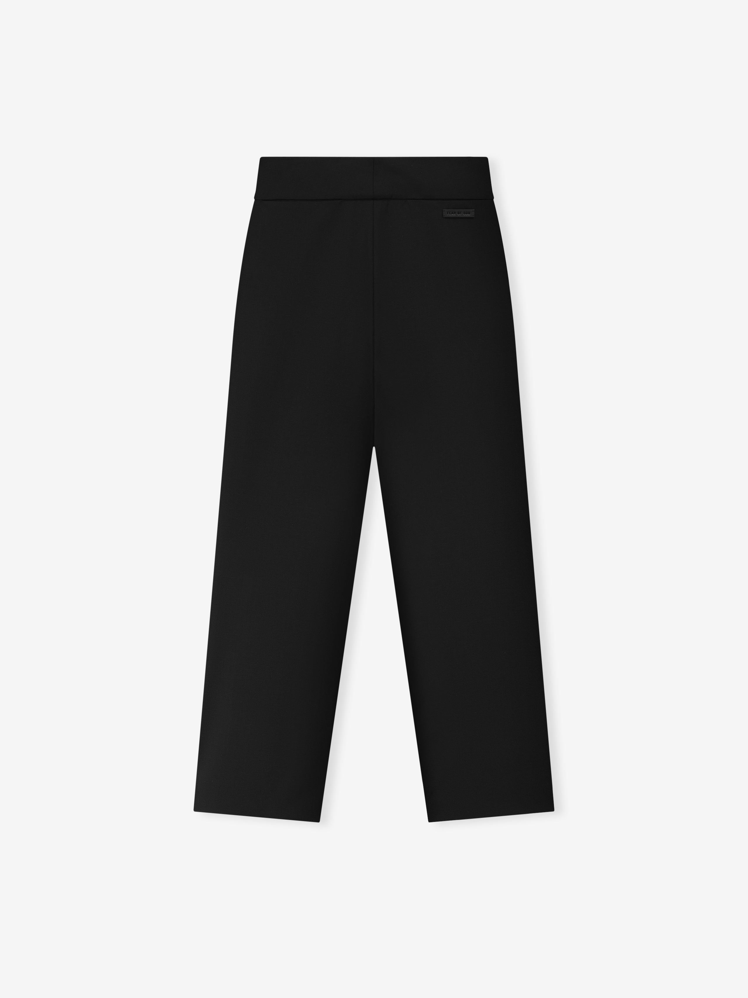 black wool poplin flat front casual pants with straight legs and back waistband pockets laid flat on white background