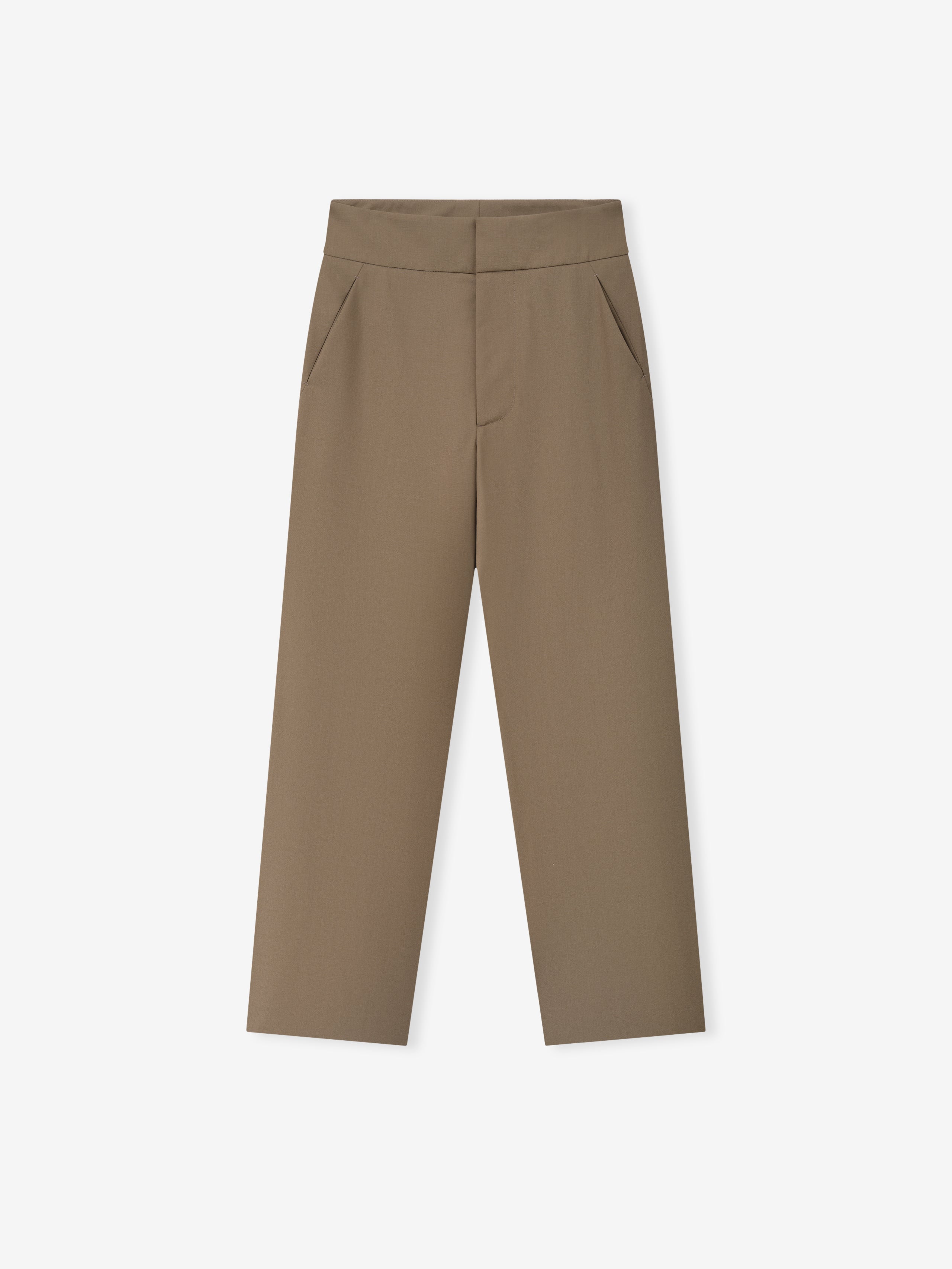 Straight-leg casual pants in muted clay color with side pockets and a smooth waistband detail