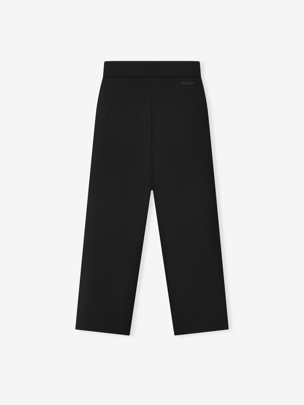 black lightweight ripstop virgin wool flat front pants with back waistband pockets laid flat on white background