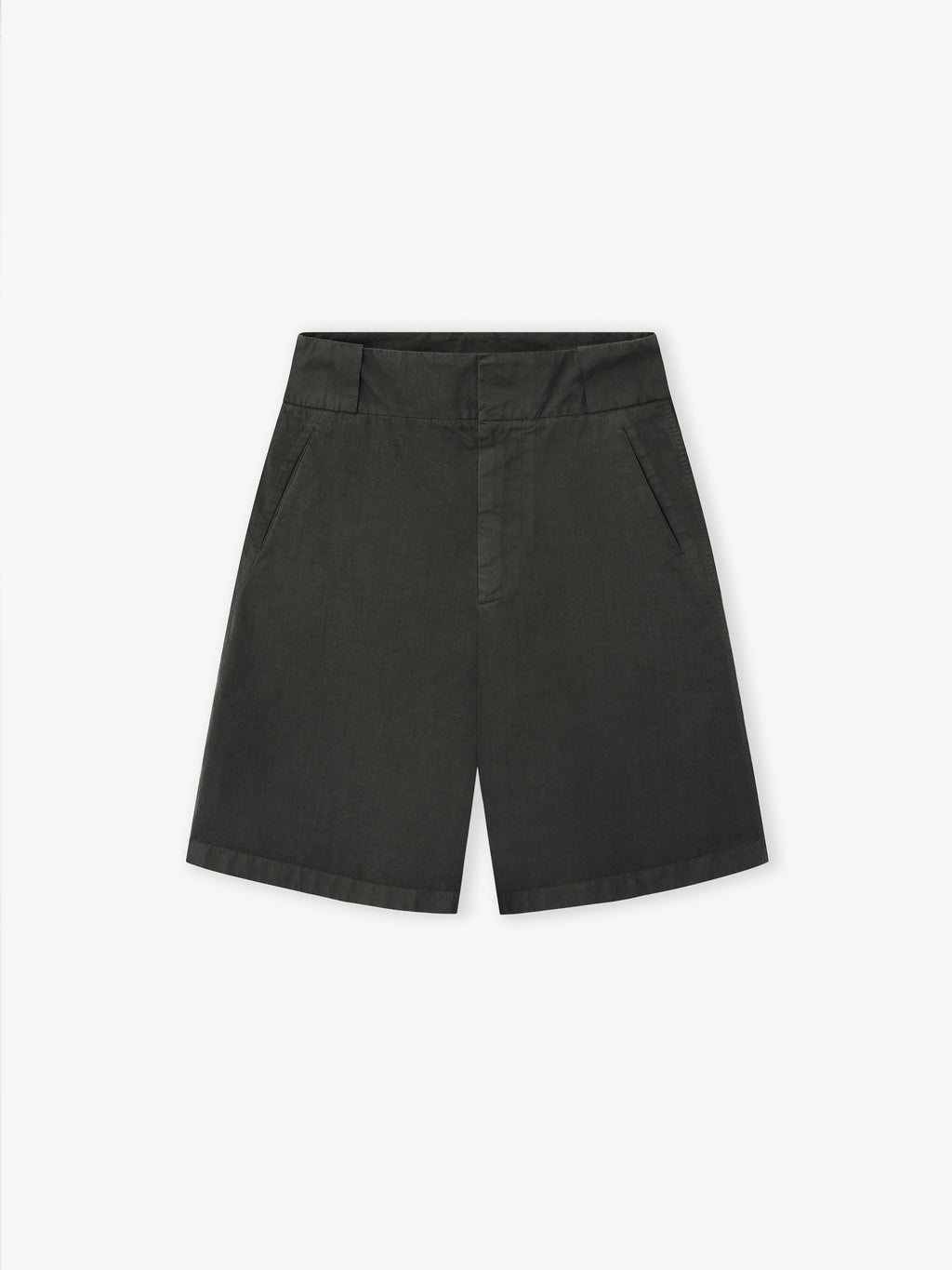 black garment-dyed heavy cotton poplin baseball shorts with slant pockets and waistband belt loops on white background